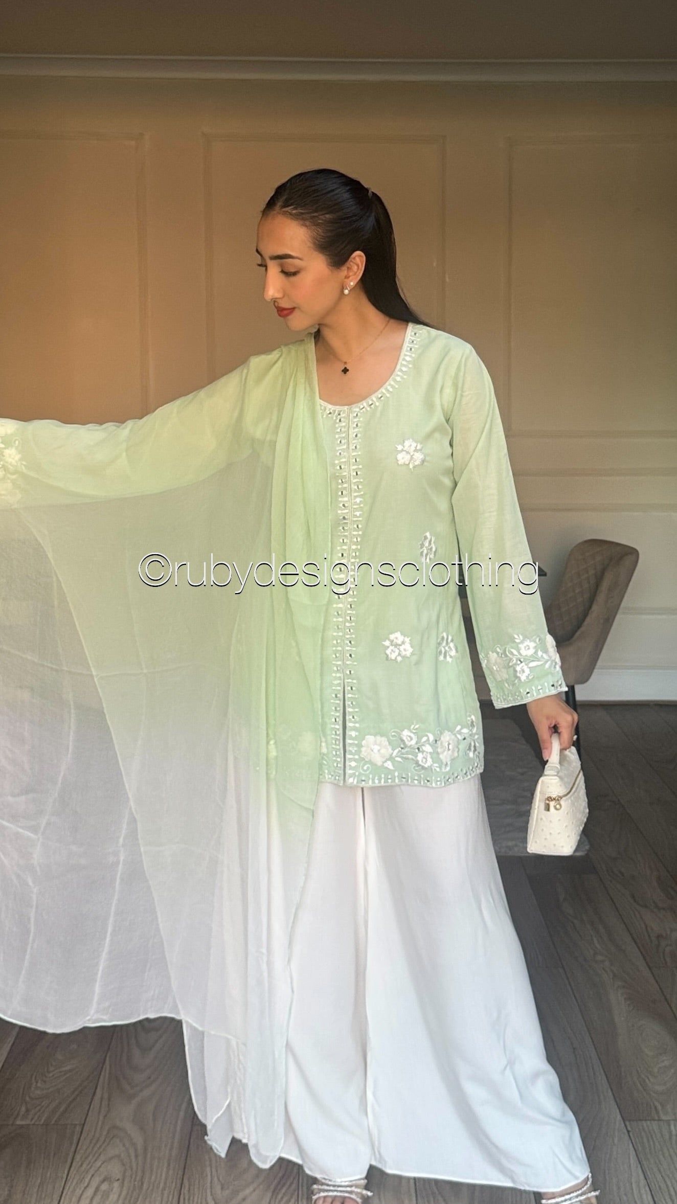 RAYA Mint - 3 Piece Swiss Lawn Suit with Flowy Wide-Leg Pants