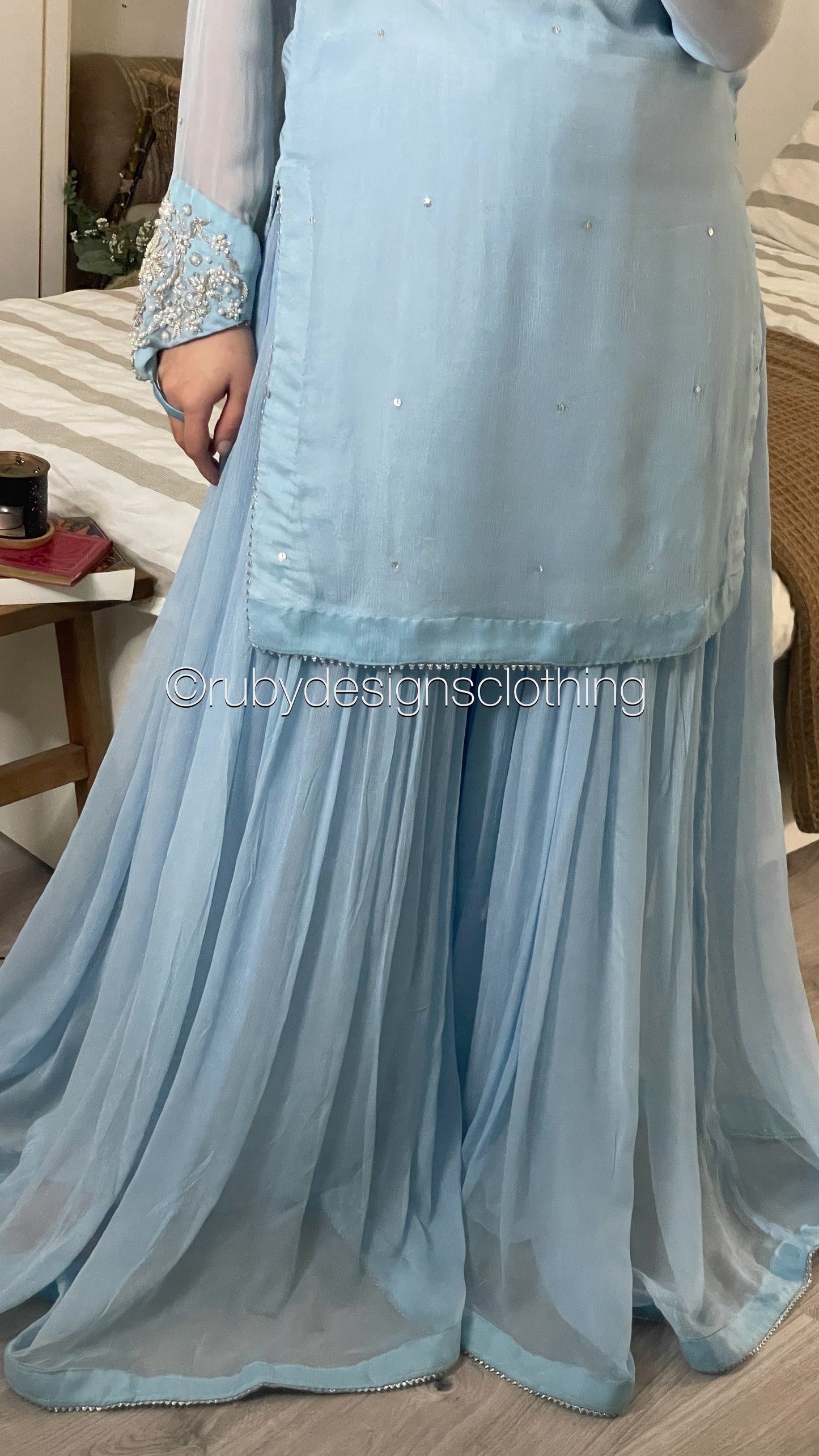 AFREEN - 3 Piece Ice Blue Chiffon Sharara with Silver Handwork (8340662386901) (8748158943445)