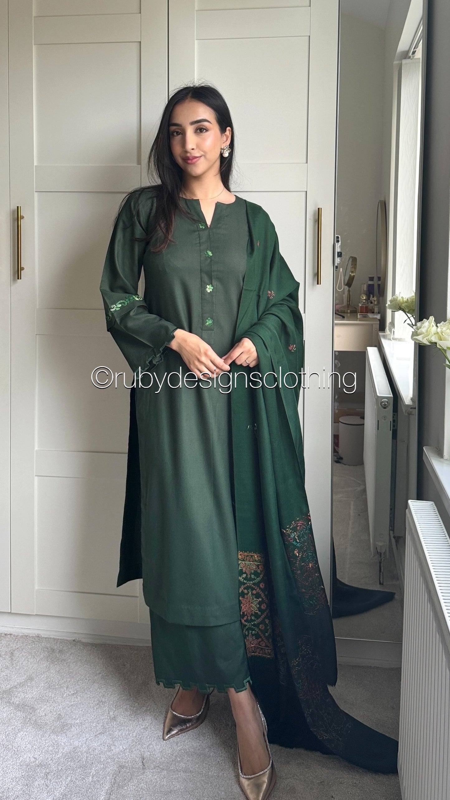 ZEHRA - 3 Piece Forest Green Marina Suit with Embroidered Pashmina Shawl