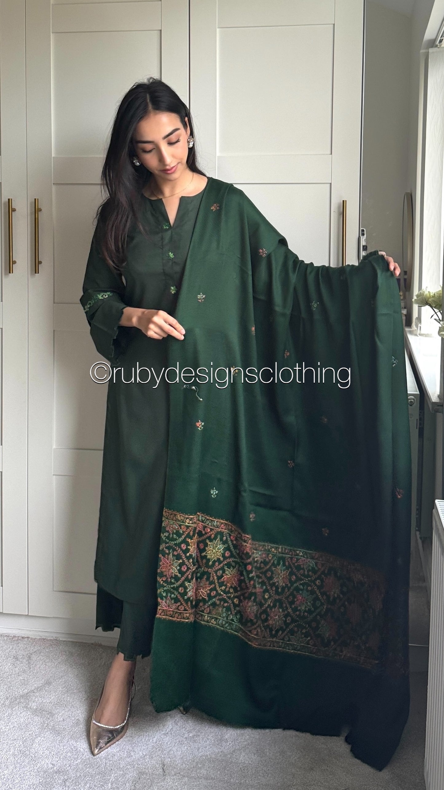 ZEHRA - 3 Piece Forest Green Marina Suit with Embroidered Pashmina Shawl