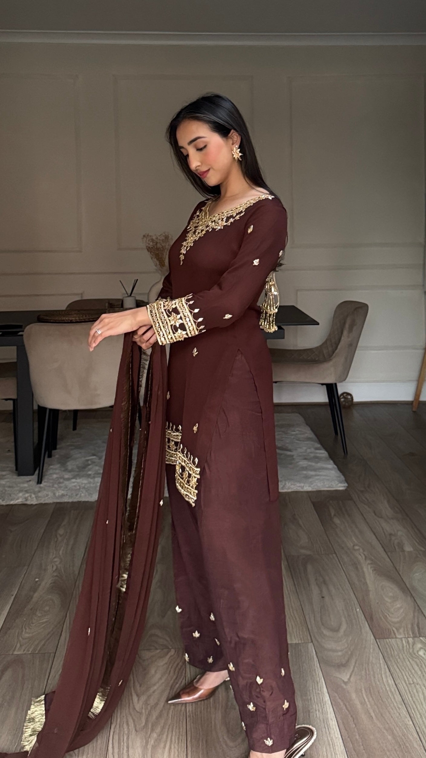SAJAL Cocoa - 3 Piece Chiffon Suit with Farshi Shalwar and Gota Handwork