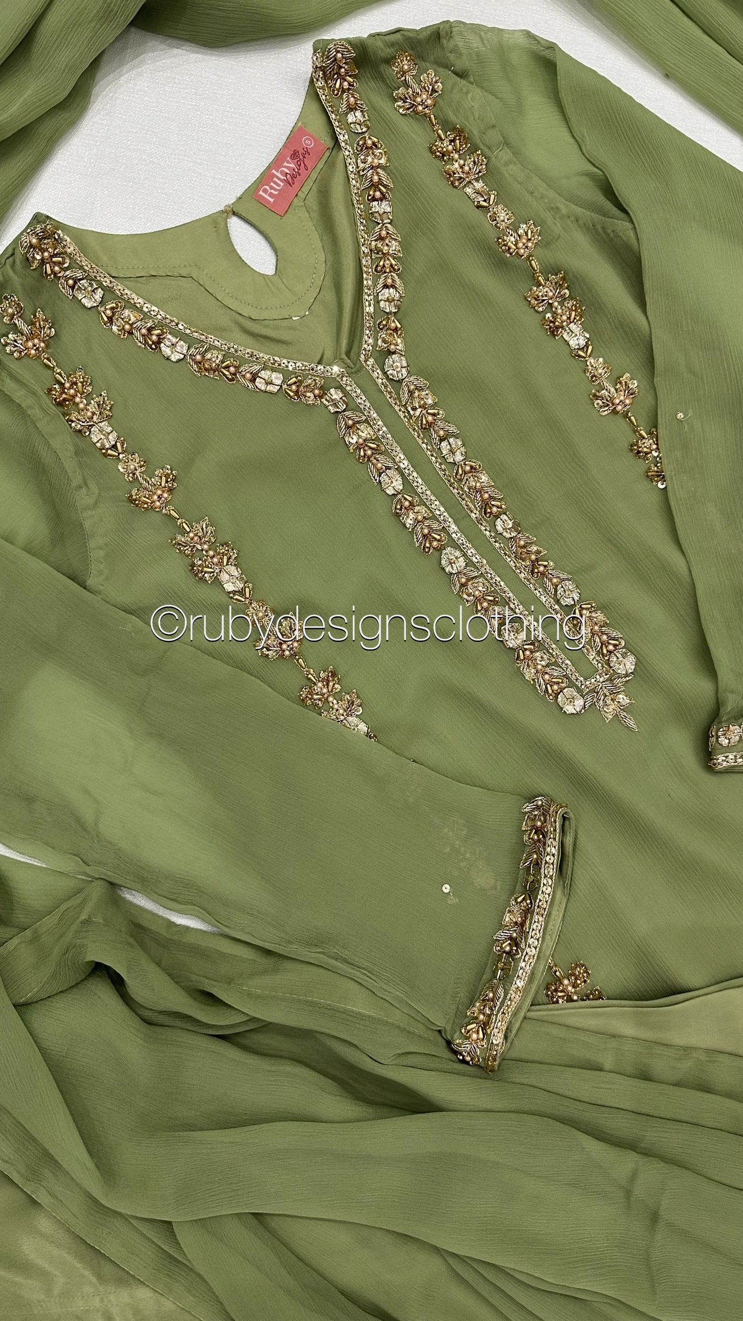 SADAF Sage - 3 Piece Sage Chiffon Suit with Gota Work (8311027925205)