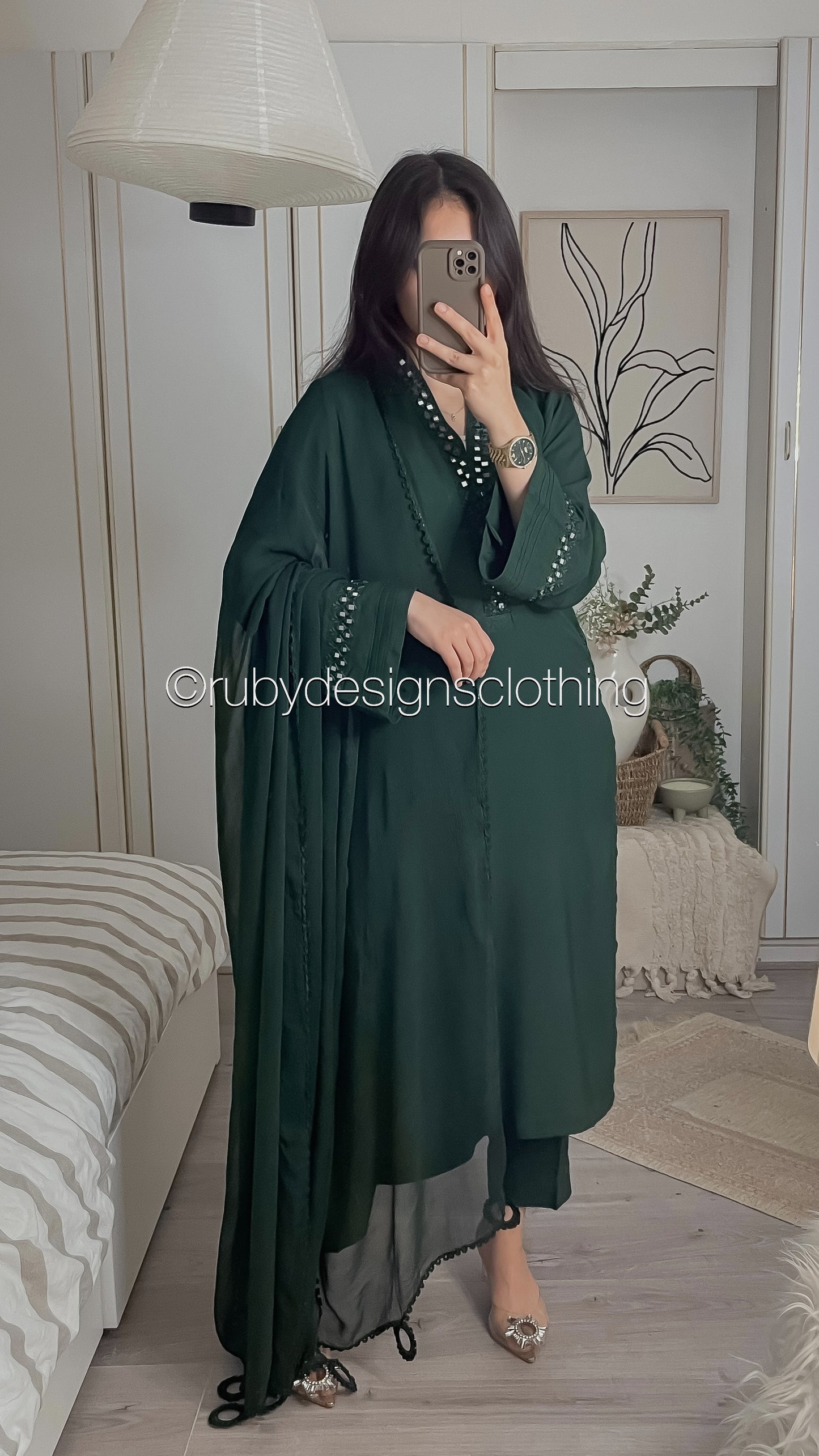 TARA Green - 3 Piece Linen Suit with Mirror Work (8234102456533)