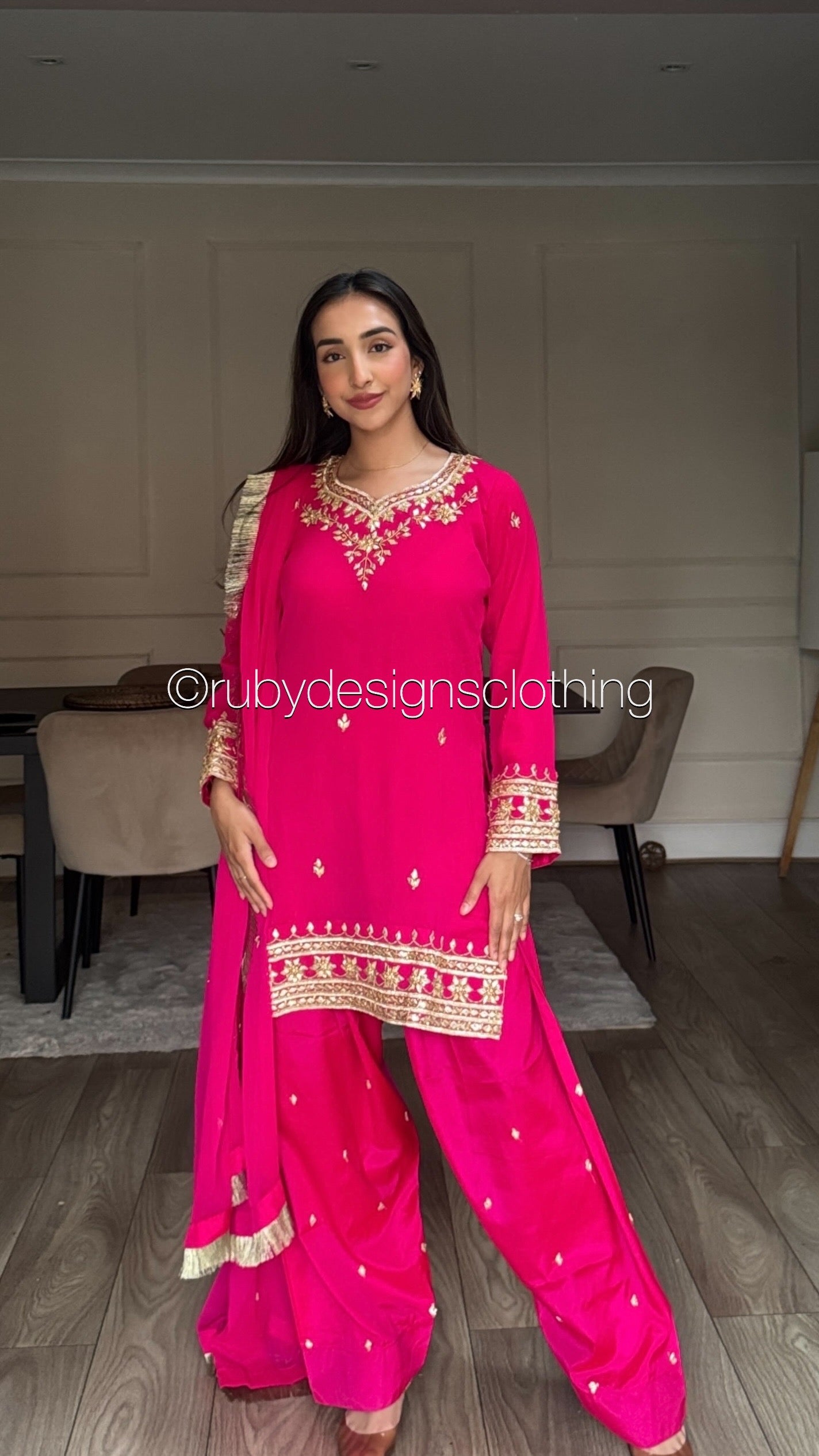SAJAL Rose - 3 Piece Chiffon Suit with Farshi Shalwar and Gota Handwork