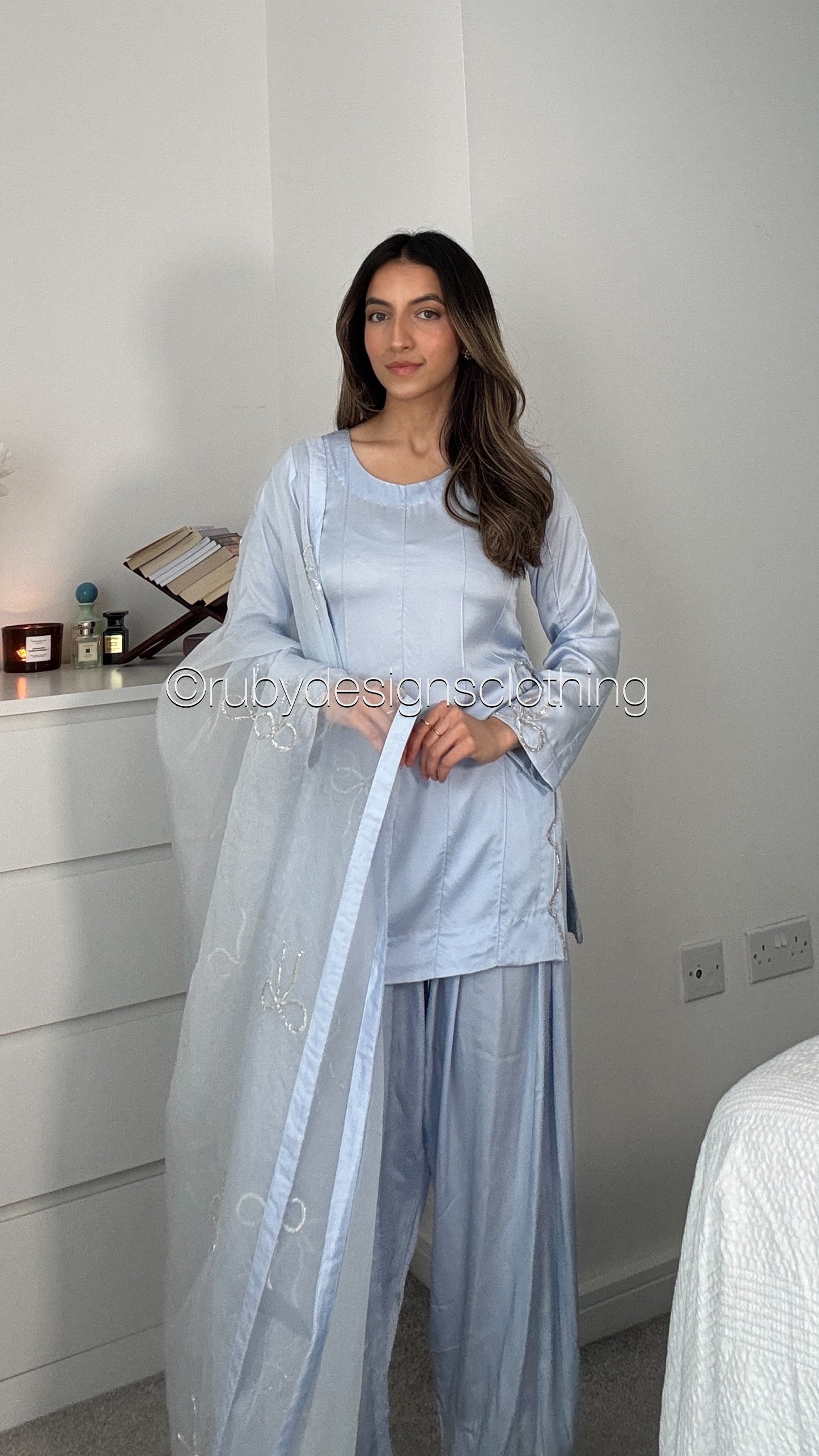 SAYLA Sky - 3 Piece Silk Bow Suit with Farshi Shalwar