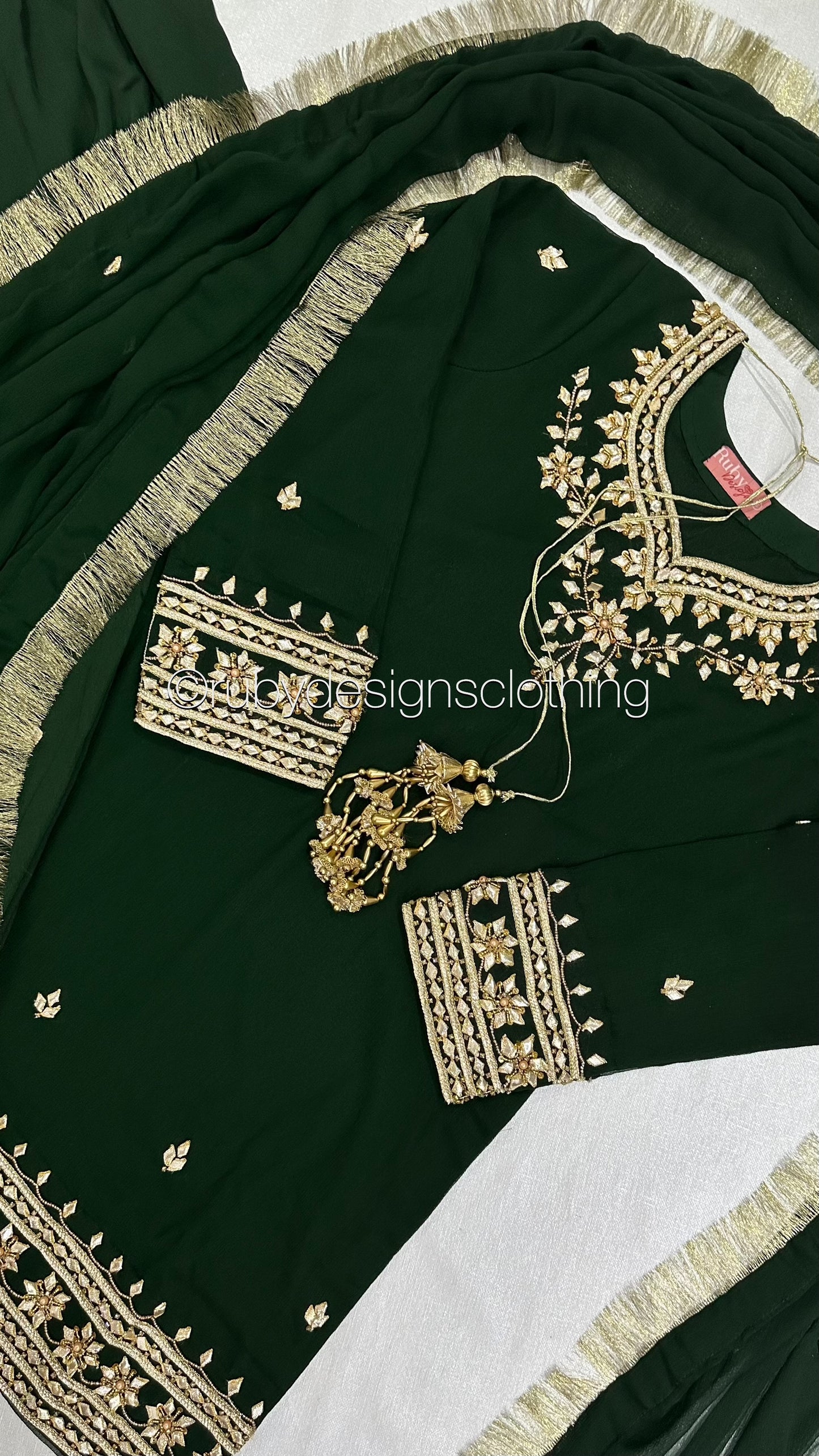 SAJAL Emerald - 3 Piece Chiffon Suit with Farshi Shalwar and Gota Handwork