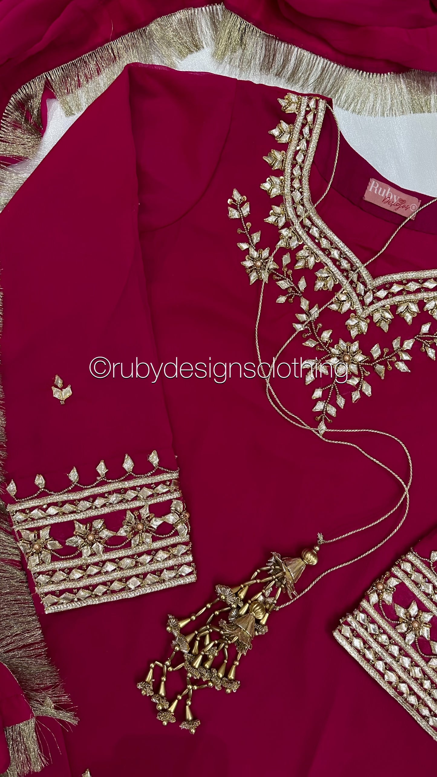 SAJAL Rose - 3 Piece Chiffon Suit with Farshi Shalwar and Gota Handwork