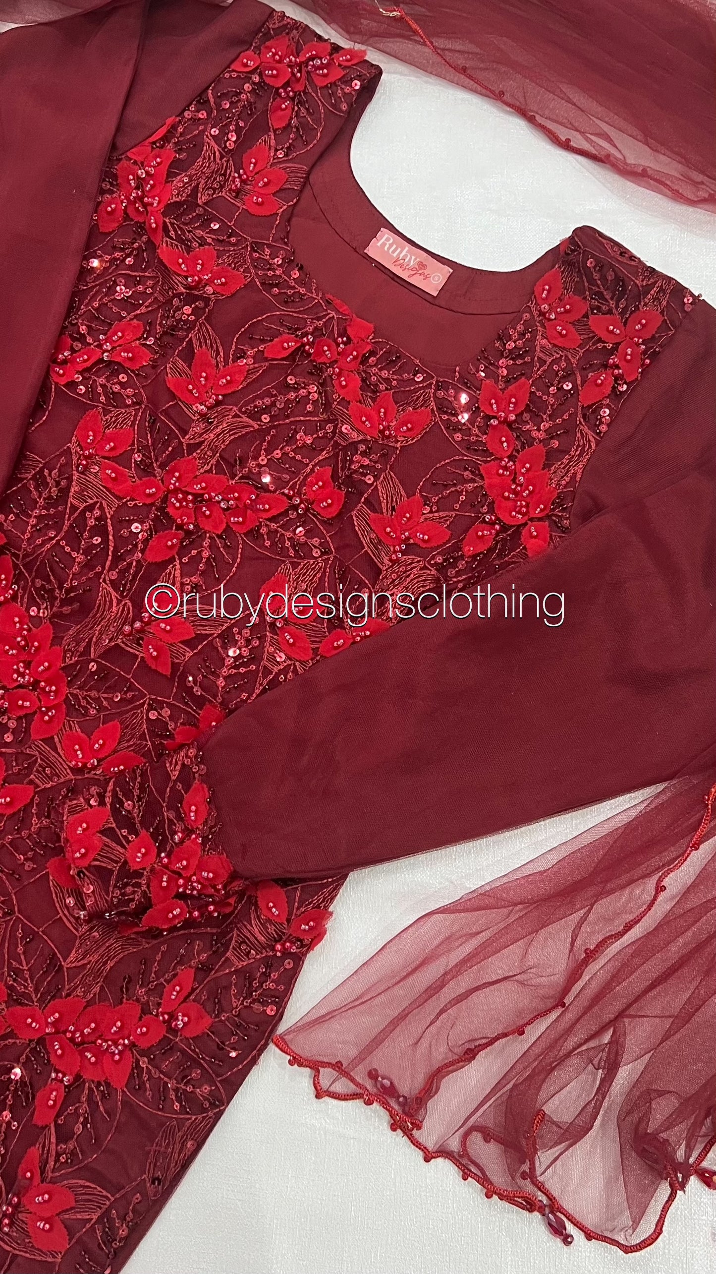 NORA - 3 Piece Red Heavy Embroidered 3D Net Suit (8275059474645)