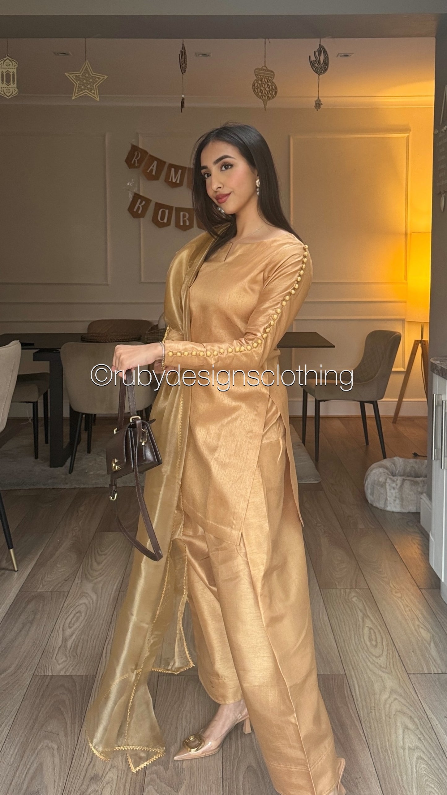 ZIMAL Gold - 3 Piece Korean Raw Silk Suit with Farshi Shalwar