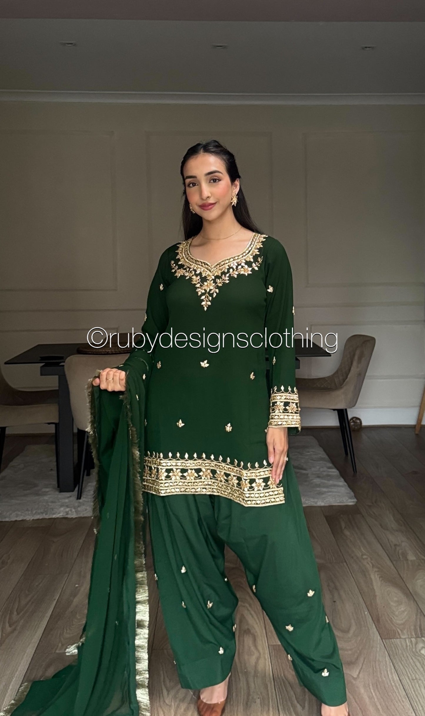 SAJAL Emerald - 3 Piece Chiffon Suit with Farshi Shalwar and Gota Handwork