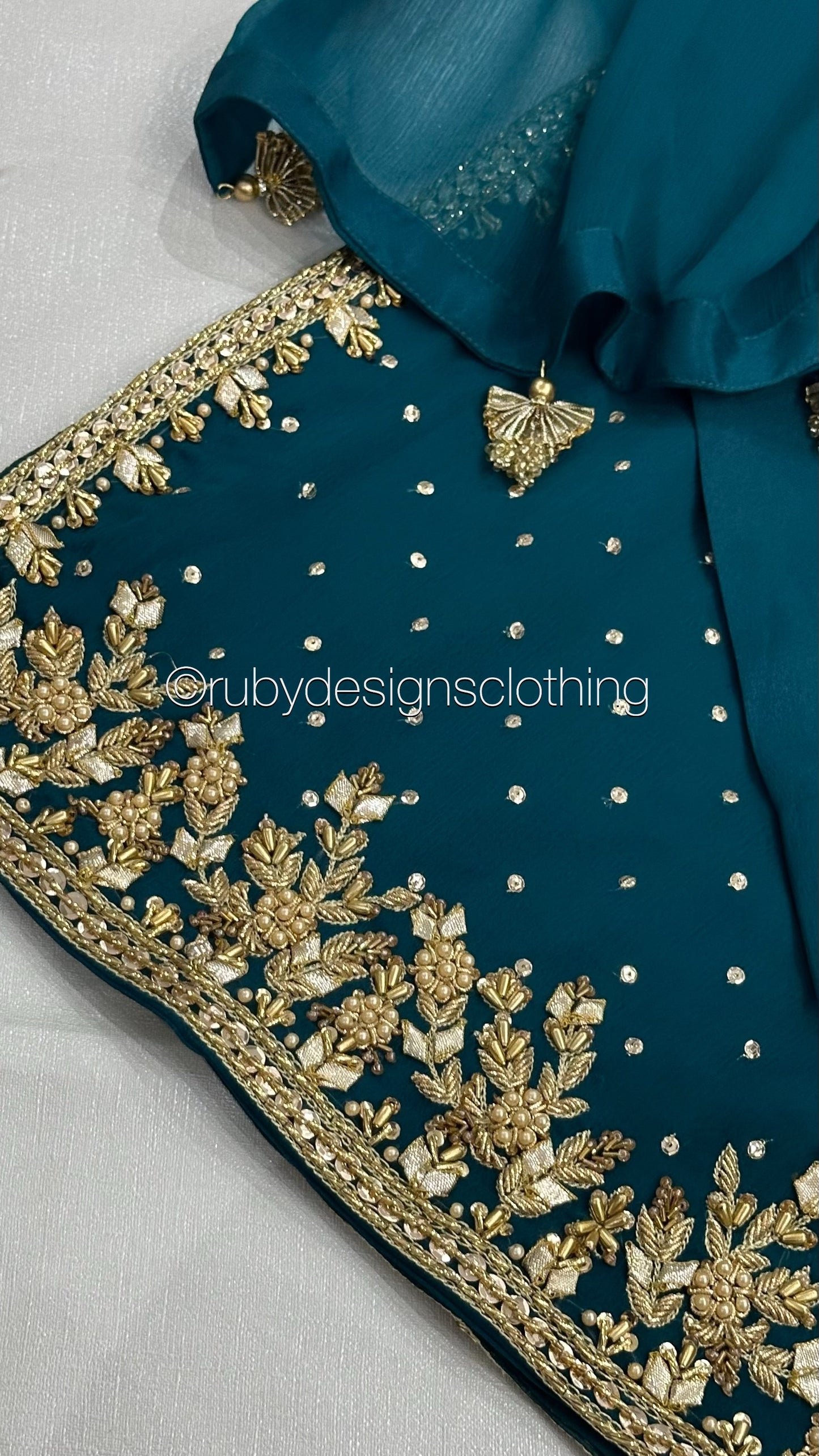 ZAREEN Teal - Luxury 3 Piece Chiffon Suit with Gold Handwork