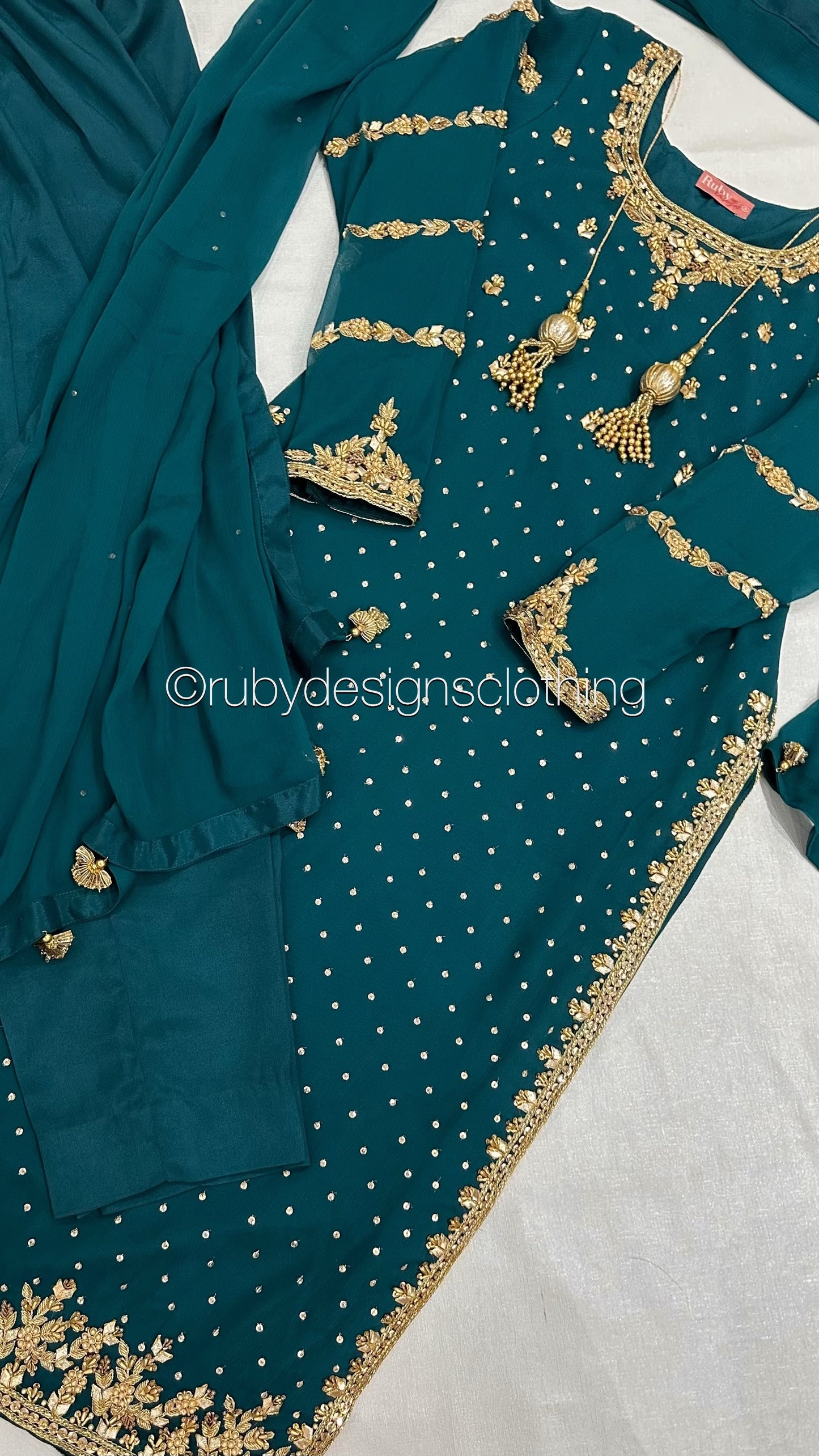 ZAREEN Teal - Luxury 3 Piece Chiffon Suit with Gold Handwork