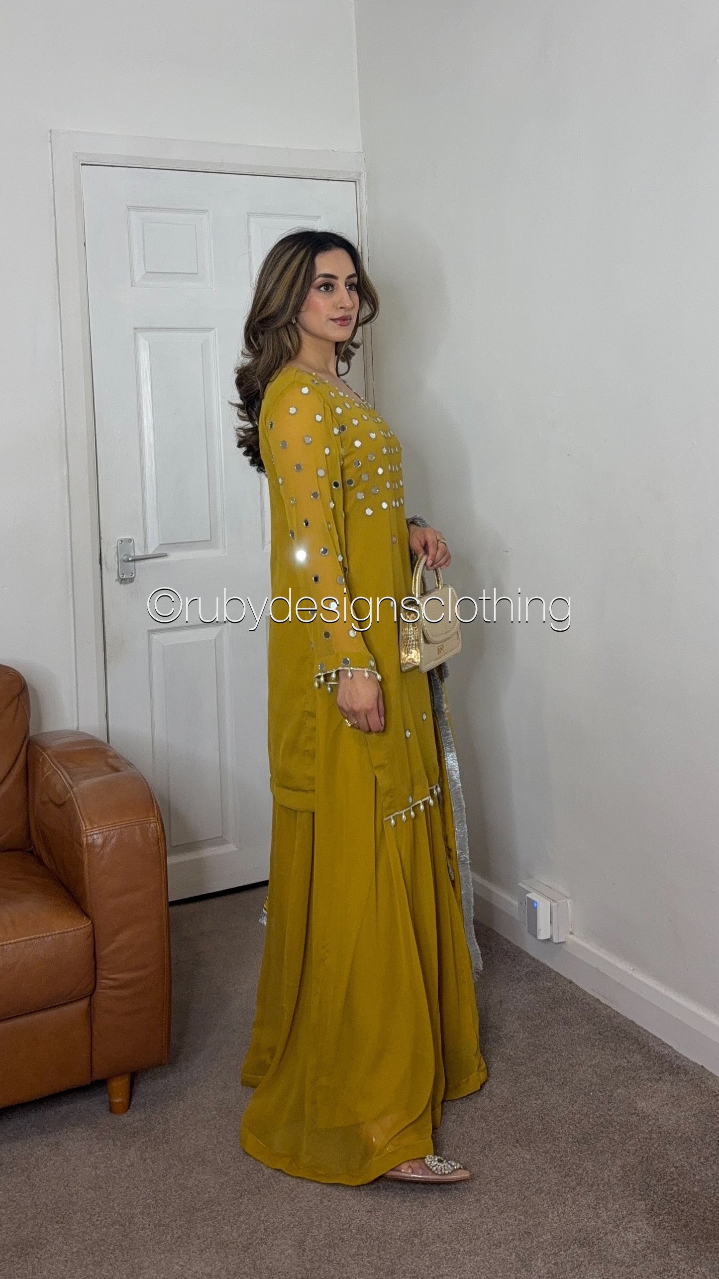 AMREEN Mustard - EXCLUSIVE 3 Piece Chiffon Sharara with Mirror Work