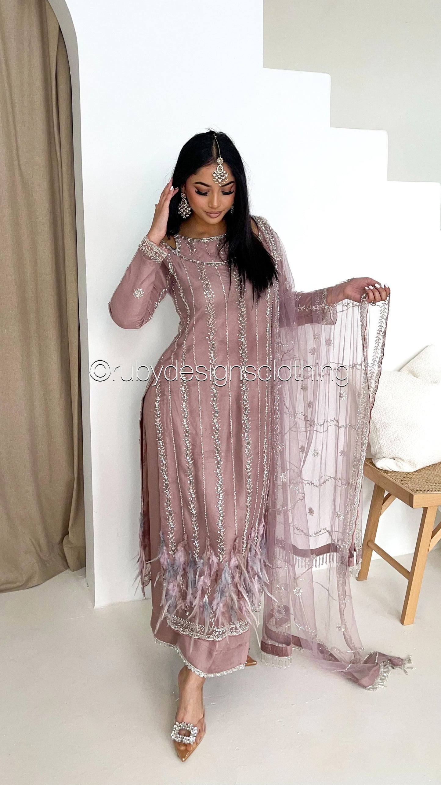 ELARA Bloom - 3 Piece Pink/Lilac Net Suit with Heavy Cutdana Work