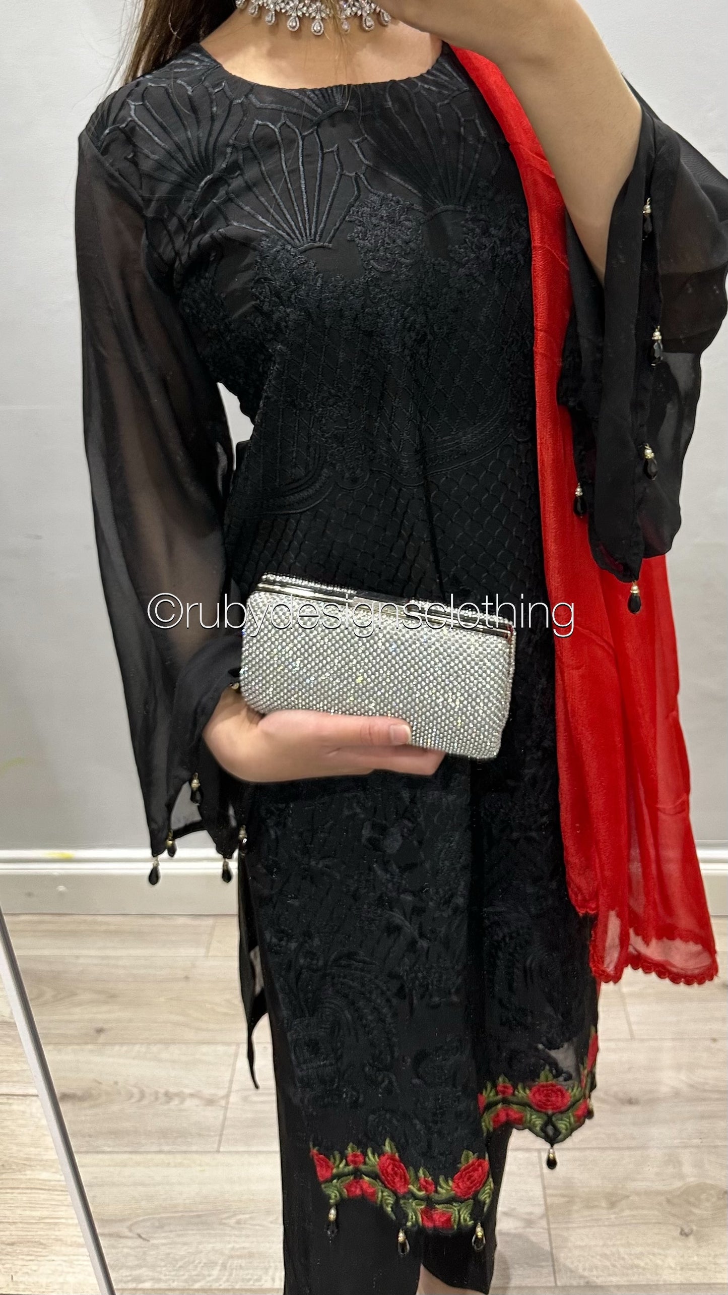 MISBA - 3 Piece Black Chiffon Suit with Red Chiffon Dupatta (8746833969365)