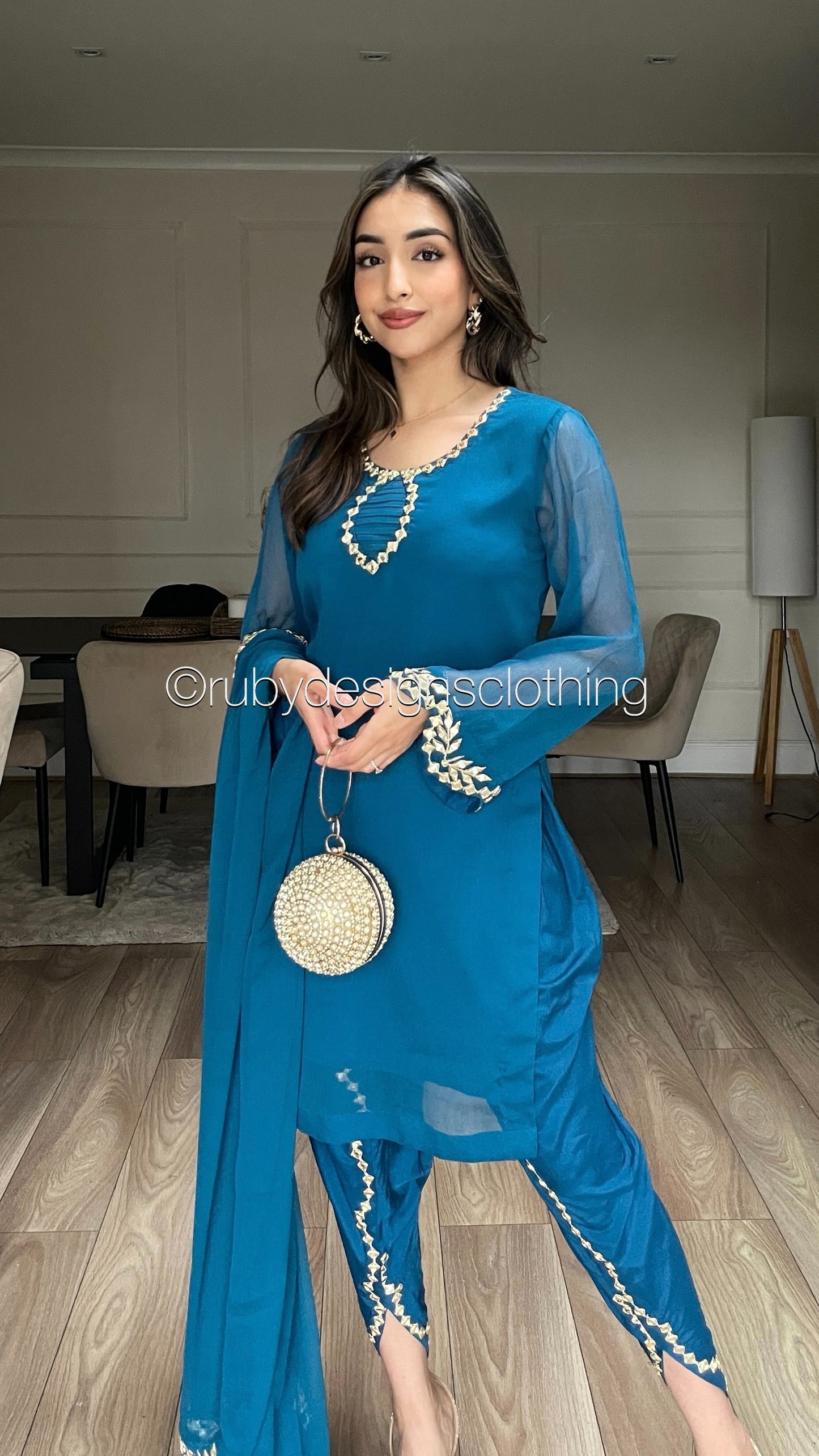 AQSA Teal - 3 Piece Teal Chiffon Suit with Tulip Trouser (8373499429077)
