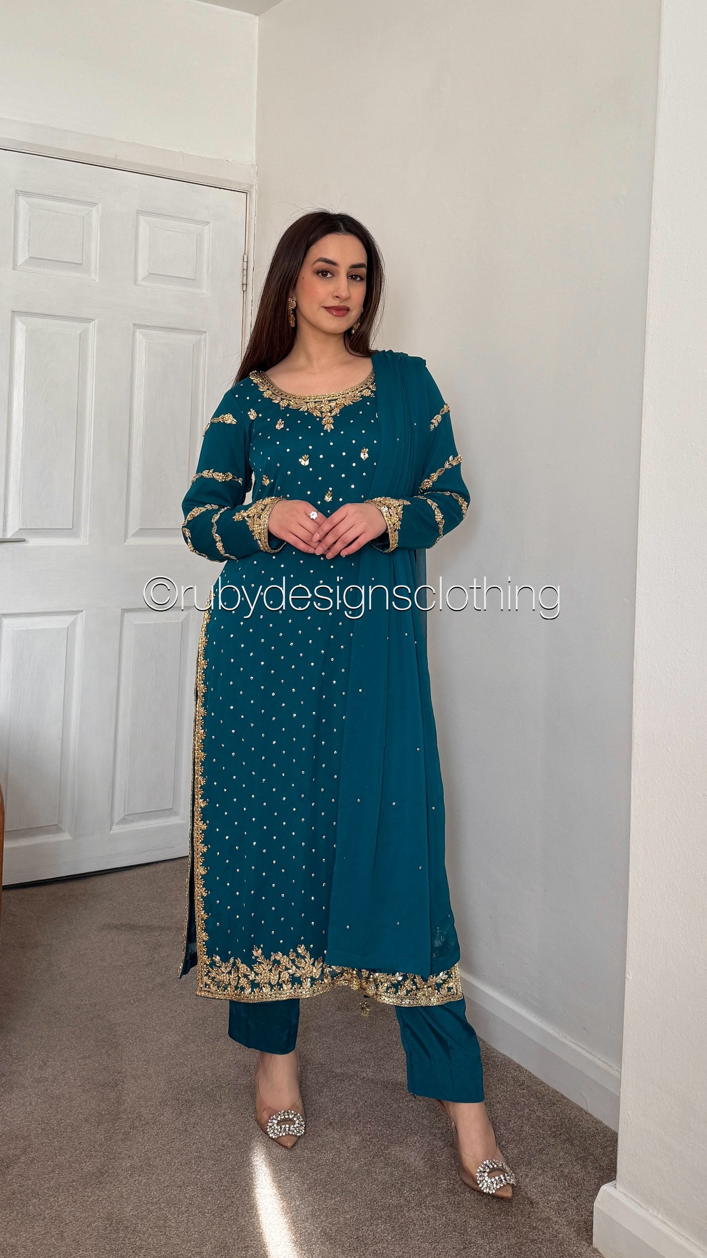 ZAREEN Teal - Luxury 3 Piece Chiffon Suit with Gold Handwork