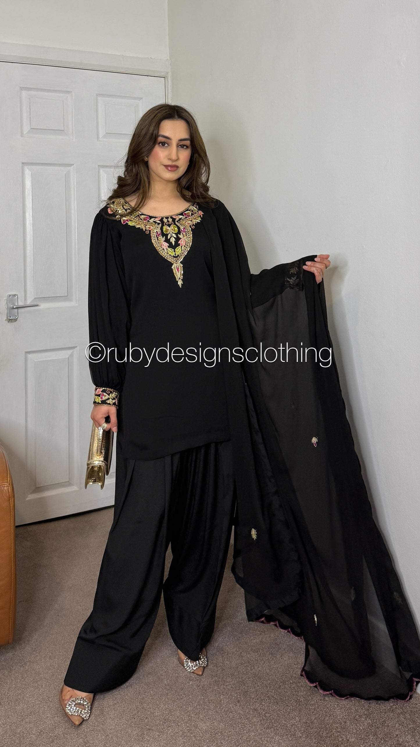 MISSING ITEMS (TROUSER and SCARF) - SERENE Black - Luxury 3 Piece Chiffon Suit with Farshi Shalwar