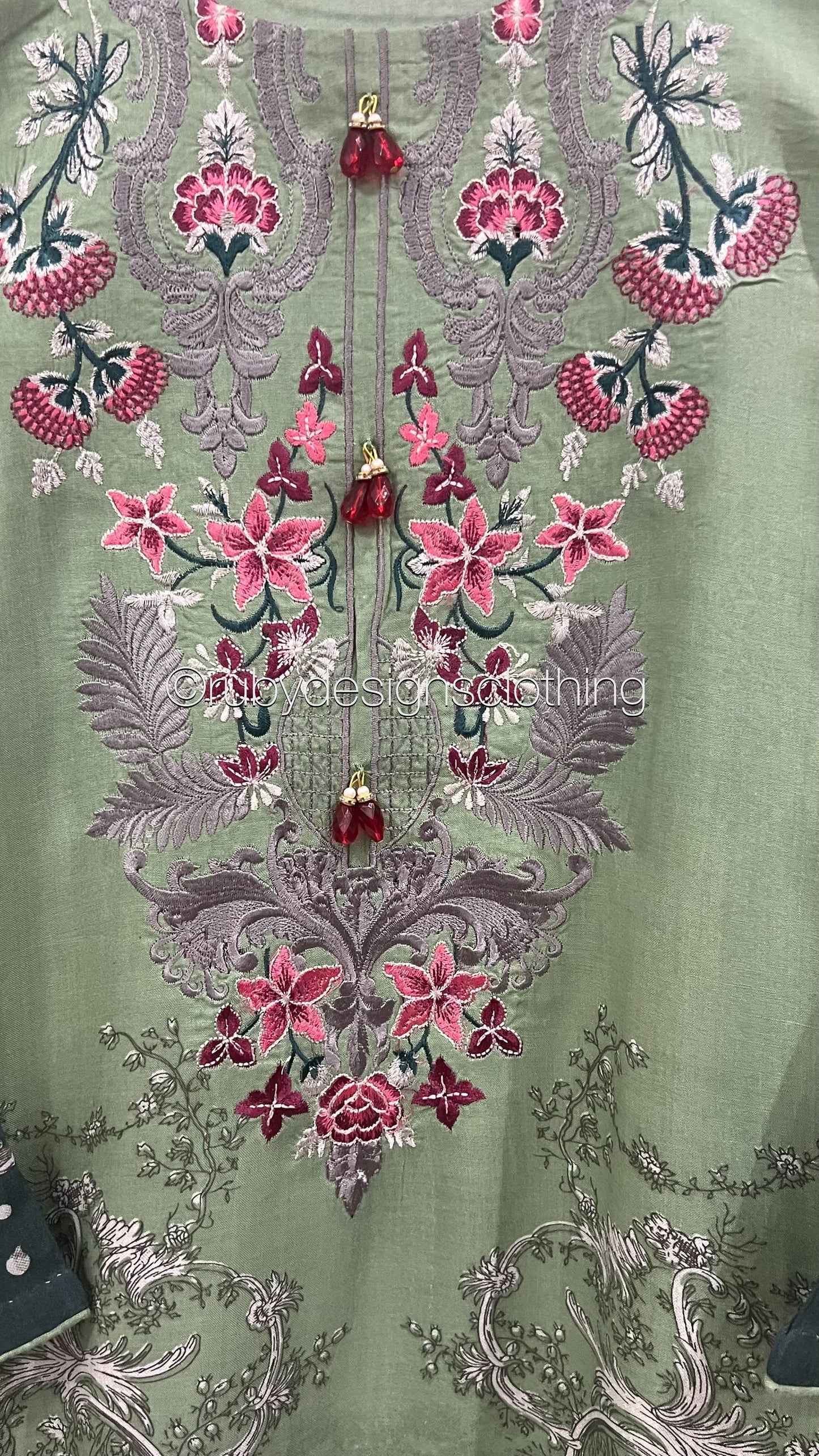Minor Defect - Original Tawakkal Felicia Stitched Green Linen Print Suit with Embroidery (8748090294485)