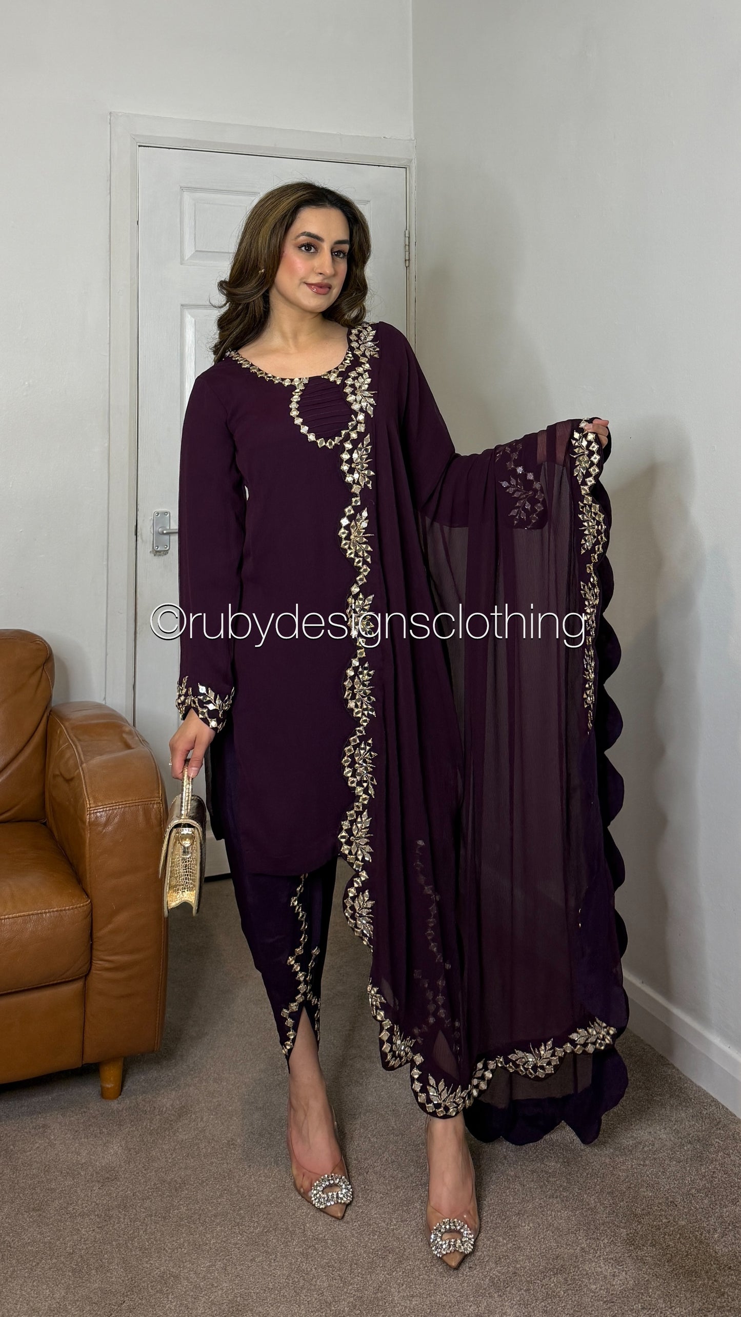 AQSA Plum - 3 Piece Chiffon Suit with Tulip Trouser