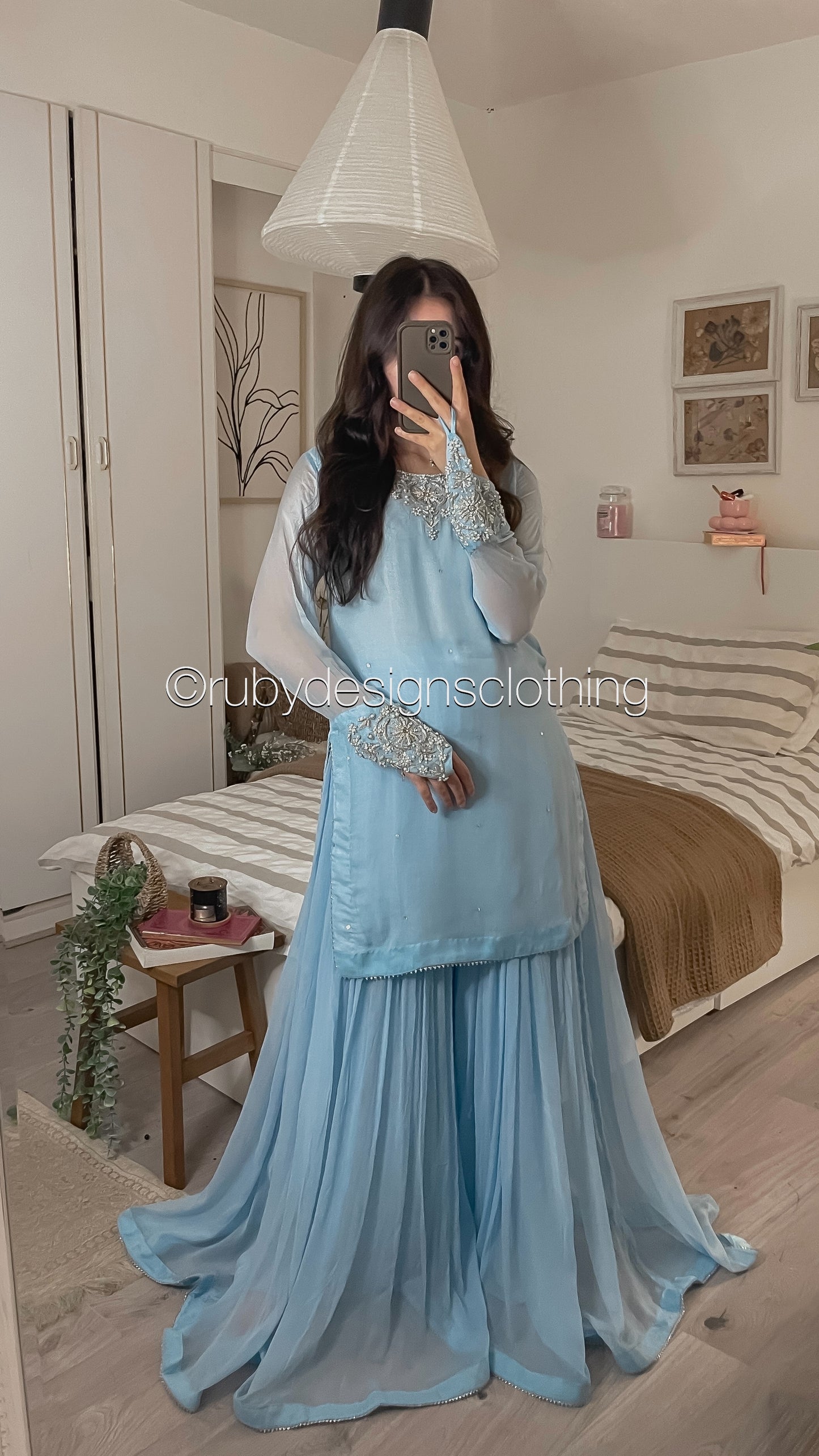 AFREEN - 3 Piece Ice Blue Chiffon Sharara with Silver Handwork (8340662386901) (8748158943445)
