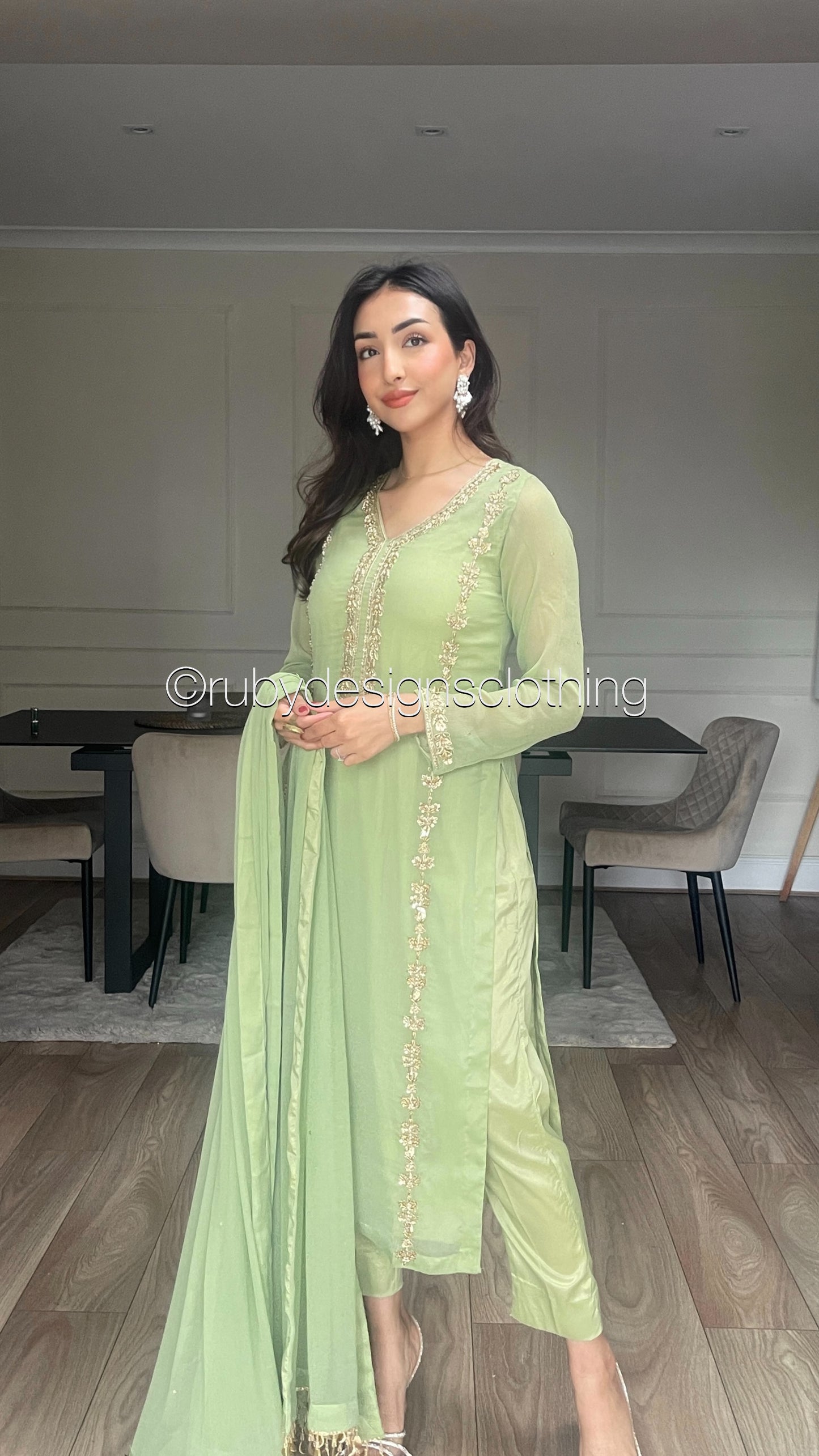 SADAF Sage - 3 Piece Sage Chiffon Suit with Gota Work (8311027925205)