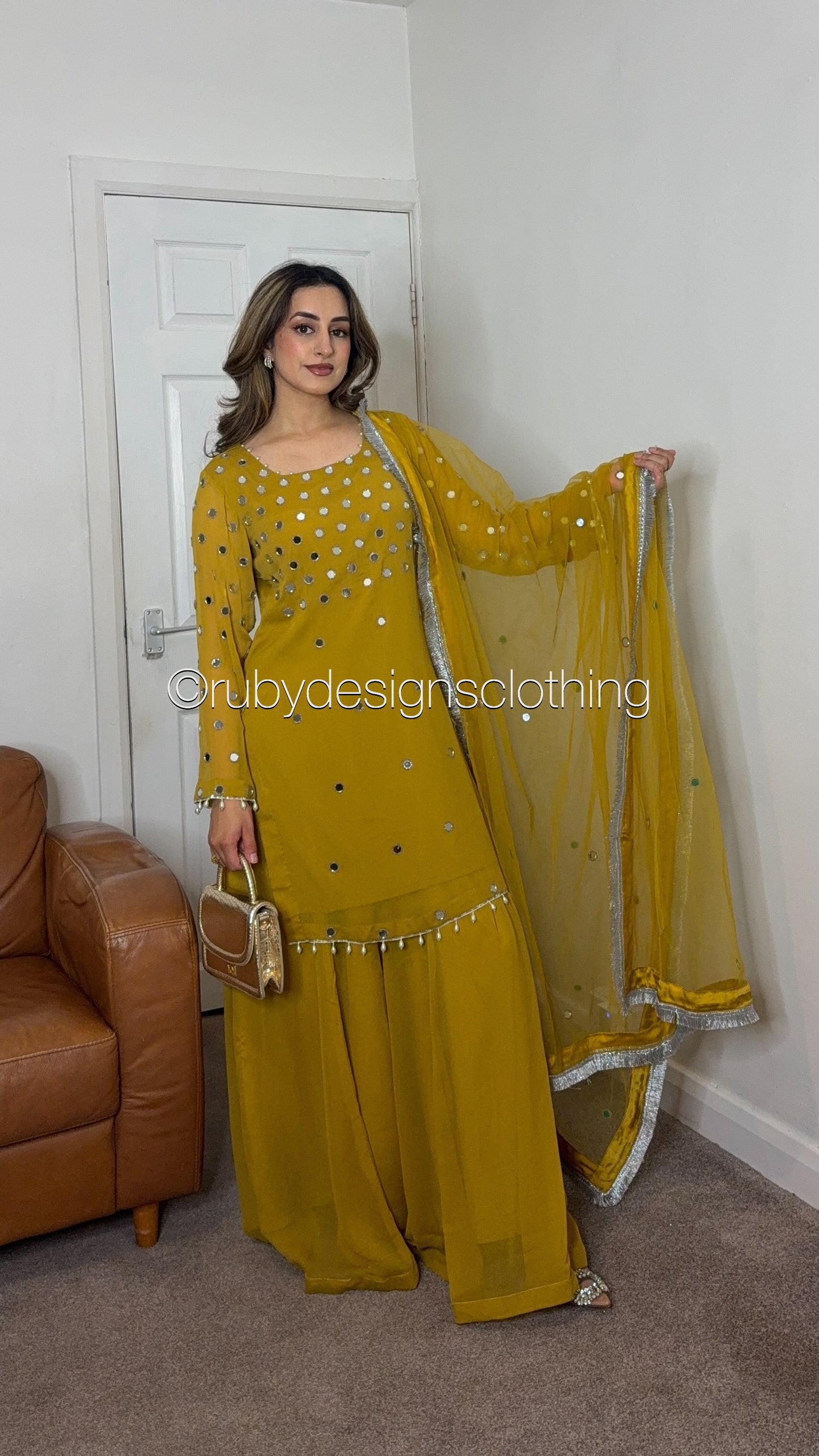 AMREEN Mustard - EXCLUSIVE 3 Piece Chiffon Sharara with Mirror Work