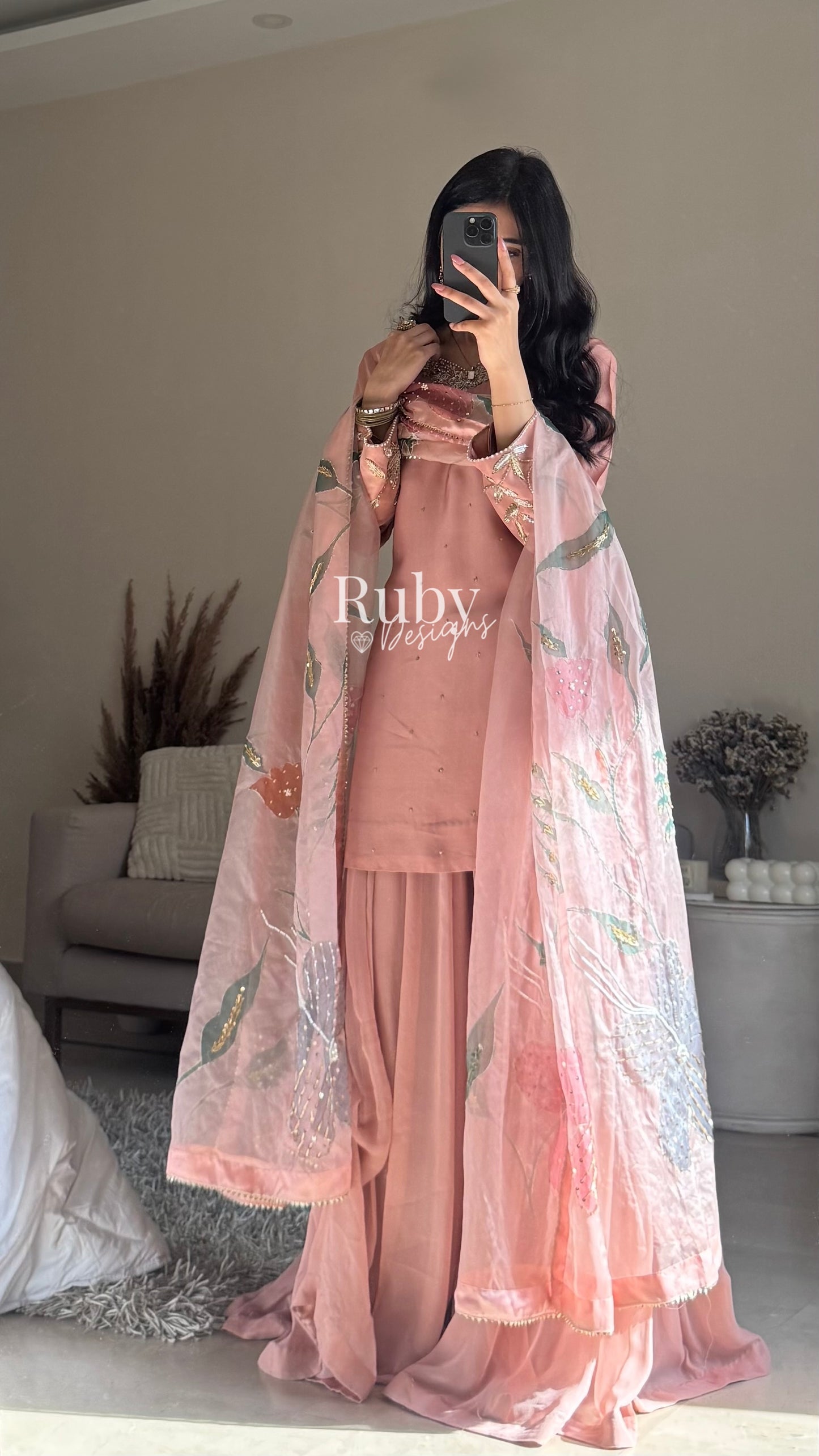 ZAIRA Rose - 3 Piece Chiffon Sharara Suit with Hand Painted Dupatta