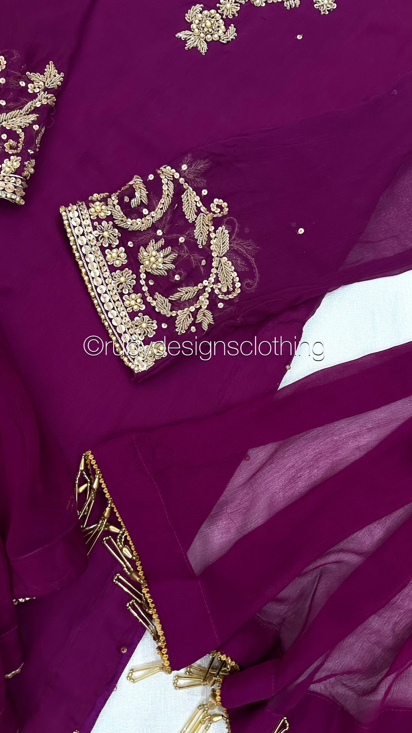 PRE-ORDER ZAINA - 3 Piece Deep Magenta Chiffon Sharara with Gold Handwork (8158985519317)