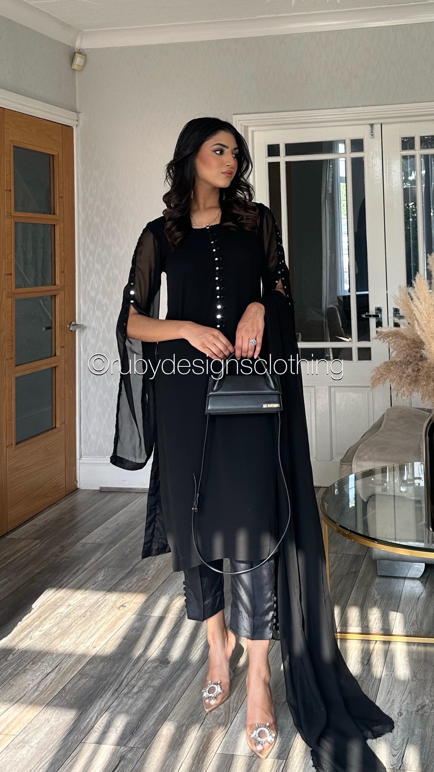 KAYRA Black - 3 Piece Black Chiffon Suit with Split Sleeve (8151996465365)
