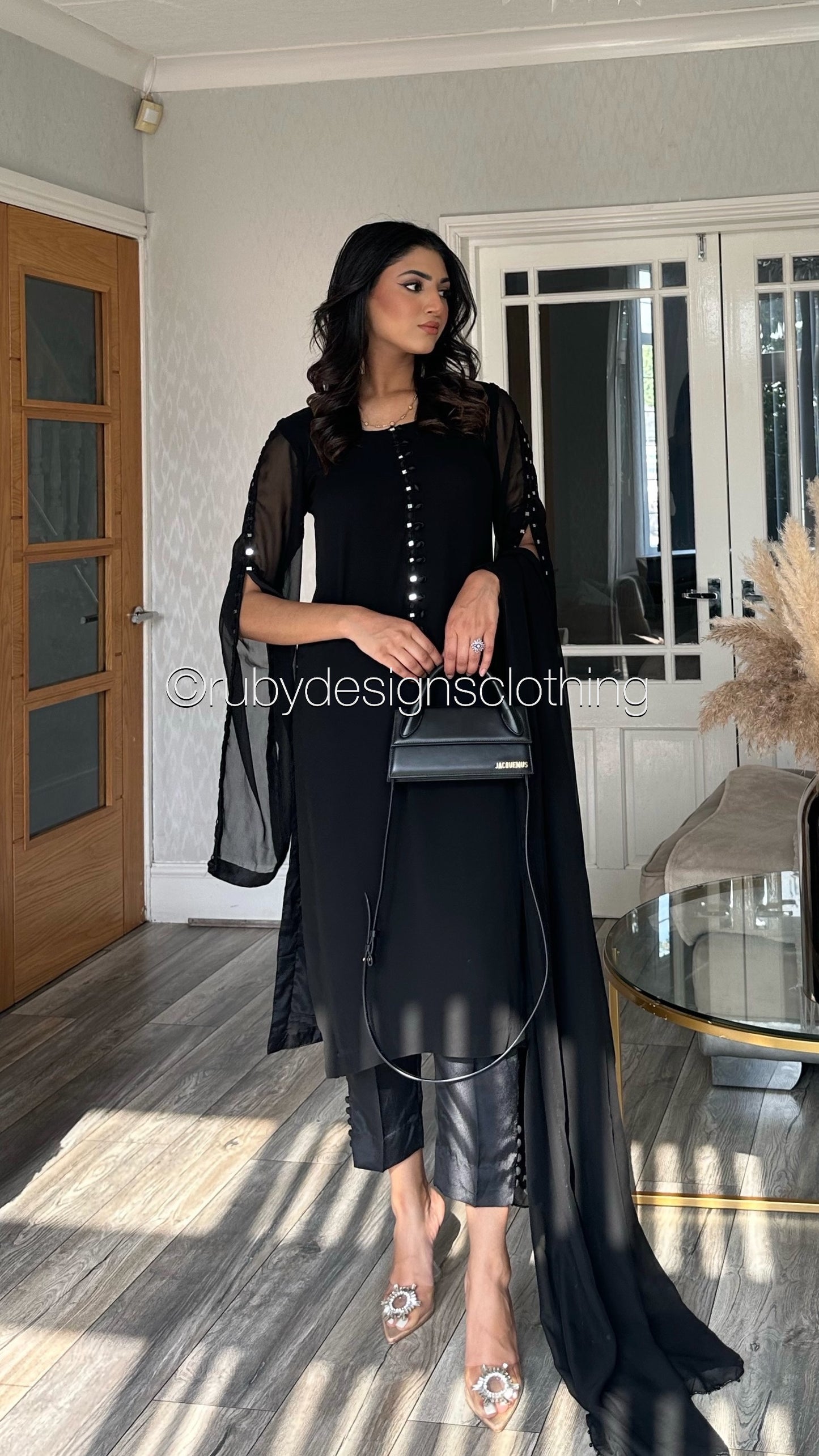 KAYRA Black - 3 Piece Black Chiffon Suit with Split Sleeve