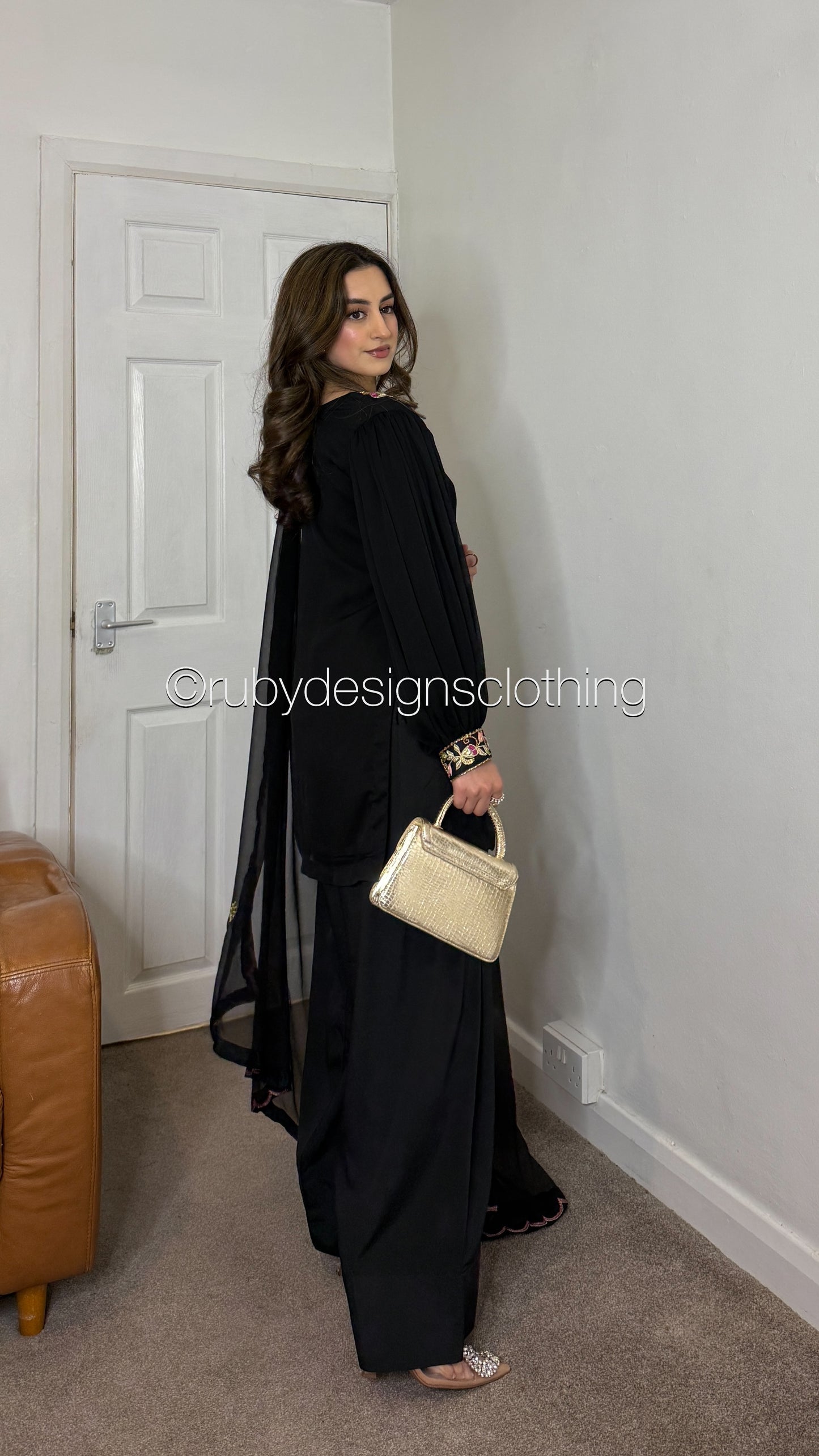 MISSING ITEMS (TROUSER and SCARF) - SERENE Black - Luxury 3 Piece Chiffon Suit with Farshi Shalwar