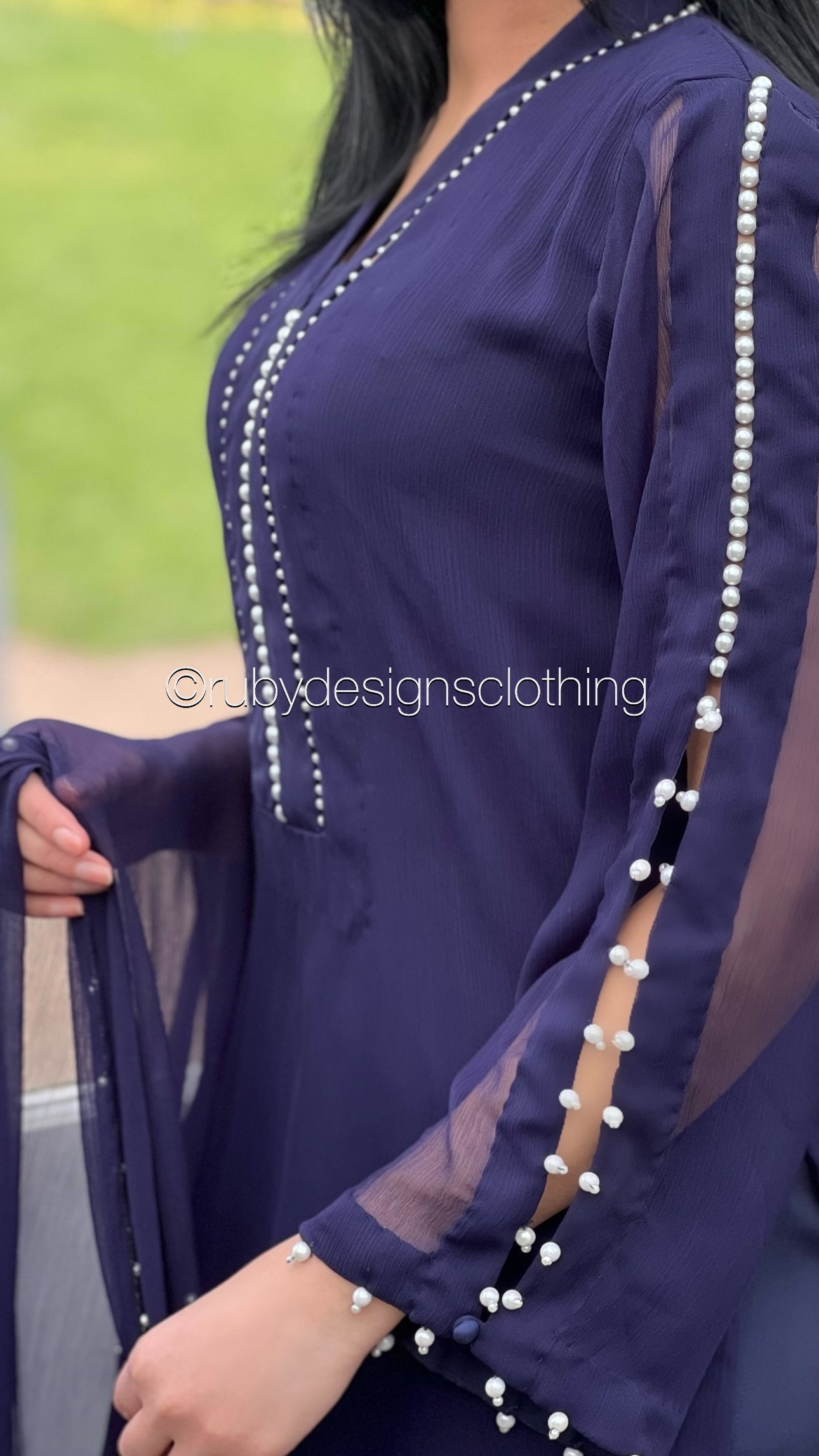 DUA Navy - 3 Piece Navy Chiffon Suit with Chiffon Dupatta and Pearls