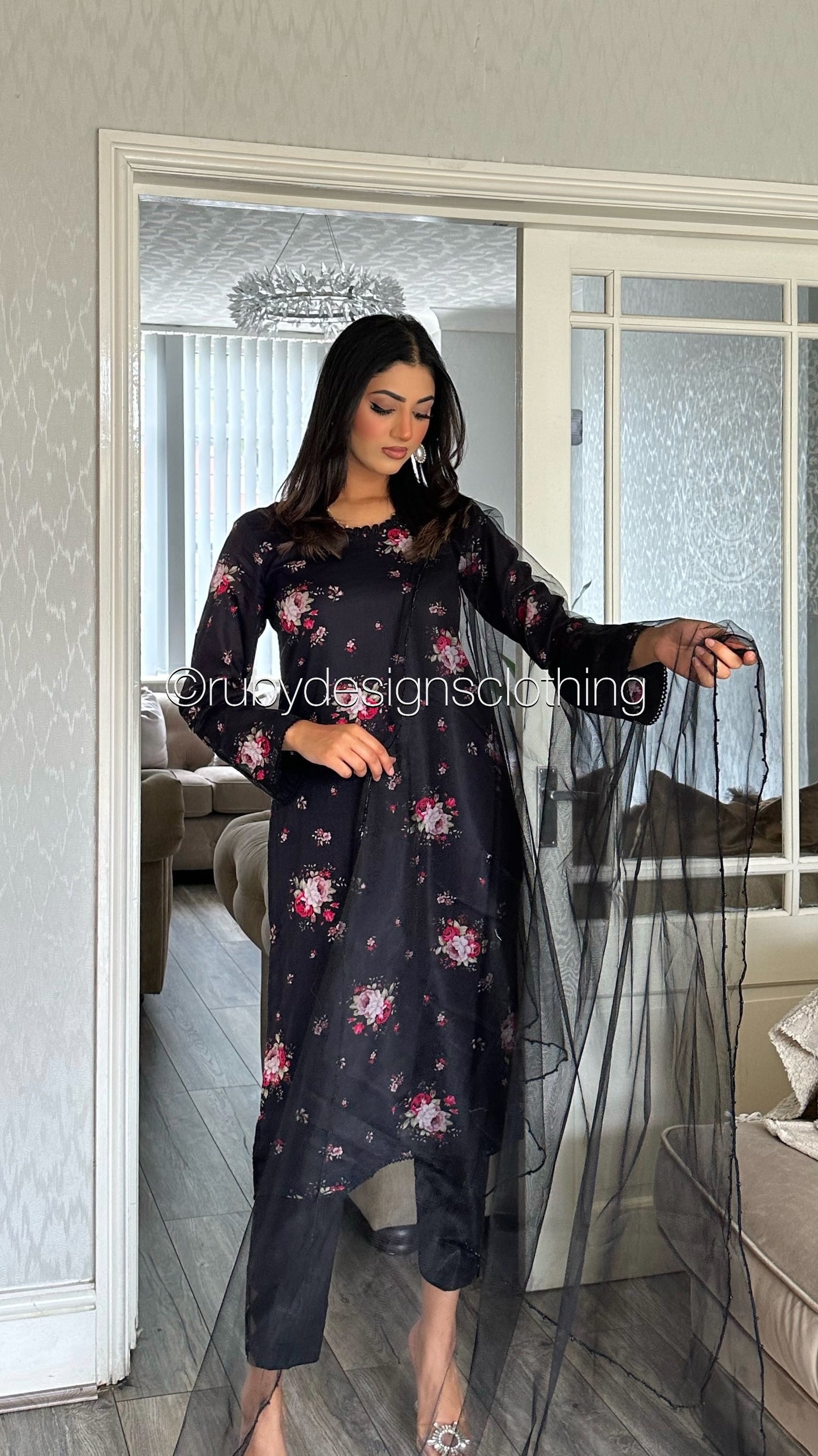 IMAN - 3 Piece Black Floral Print Lawn Suit with Net Dupatta (8090378633429)