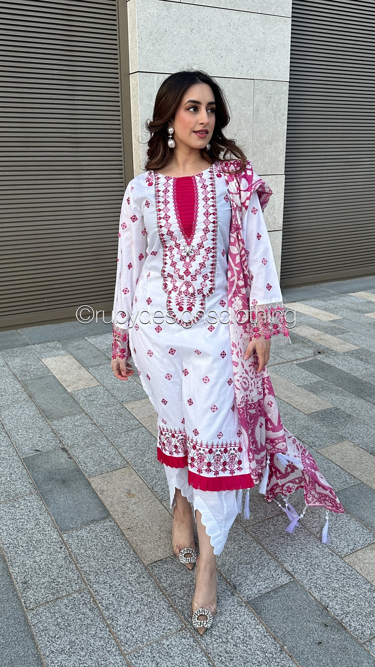 LATIFA - 3 Piece White and Pink Lawn Suit with Silk Dupatta (8583530807509)