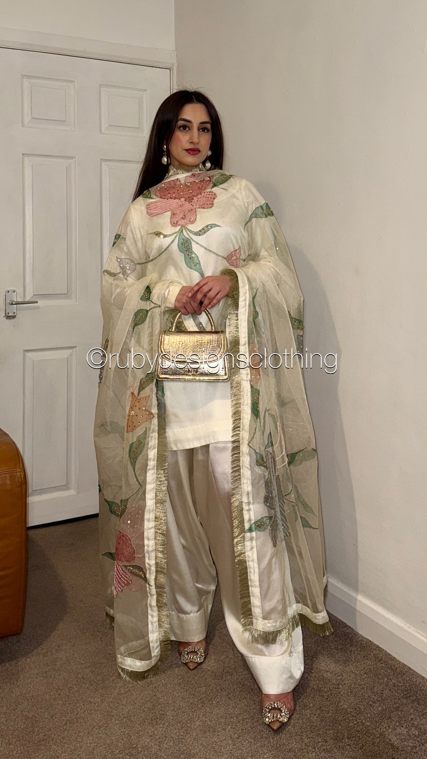 NURA Pearl - 3 Piece Luxury Silk Suit with Farshi Shalwar and Hand Painted Dupatta