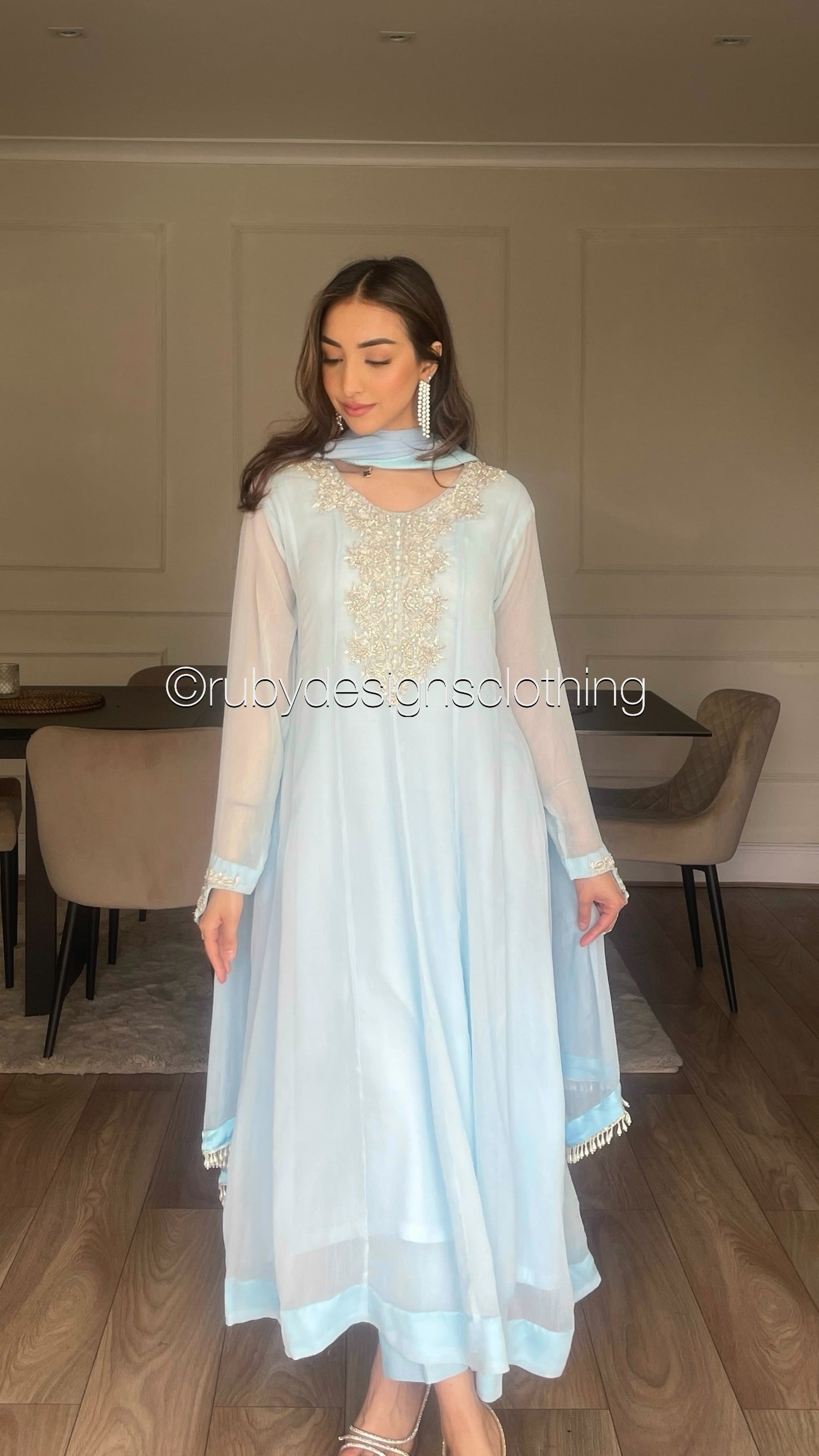 FALAK - 3 Piece Ice Blue Chiffon Dress with Chiffon Dupatta (8340660617429) (8748153077973) (8748155797717)