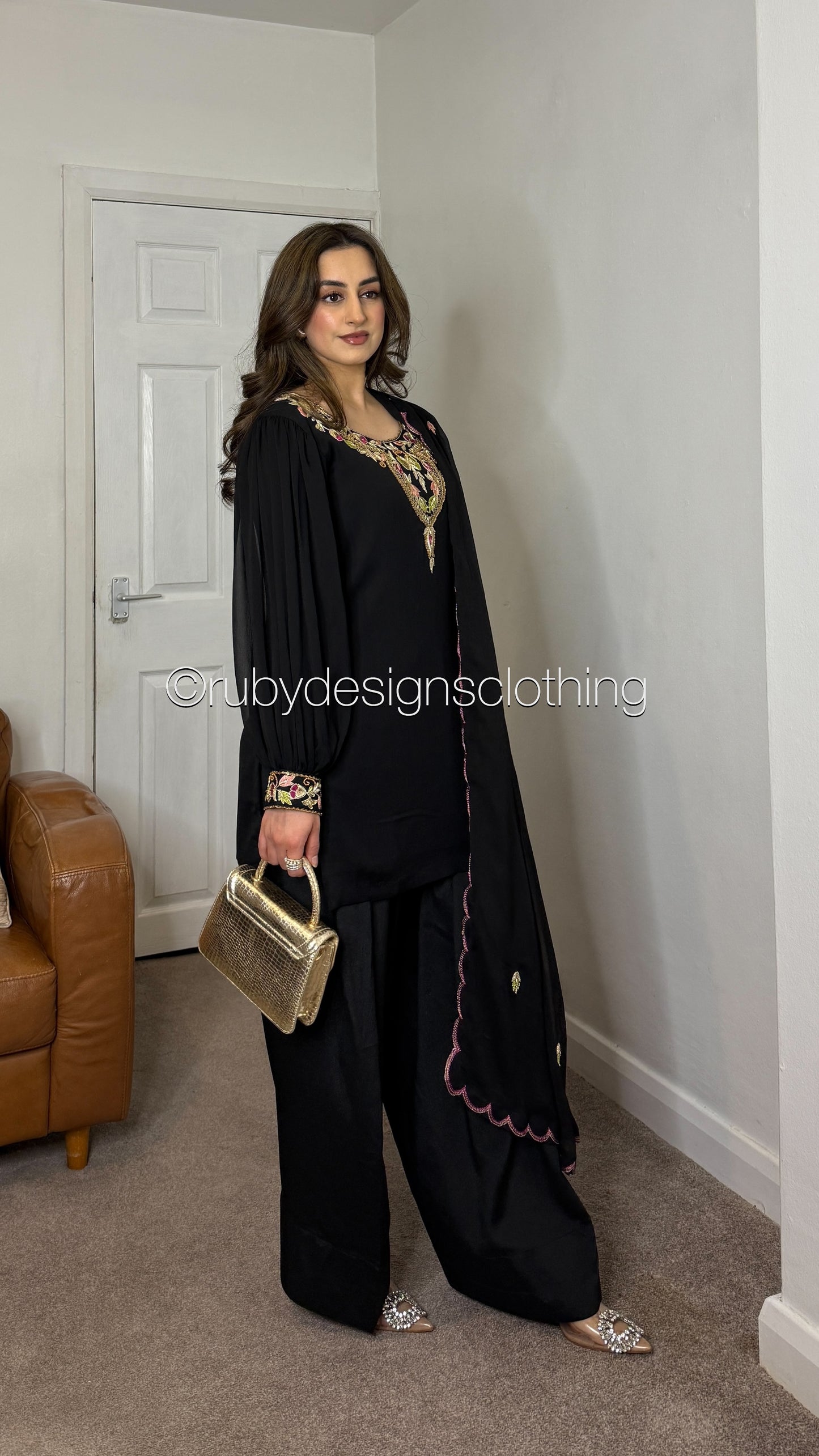 MISSING ITEMS (TROUSER and SCARF) - SERENE Black - Luxury 3 Piece Chiffon Suit with Farshi Shalwar