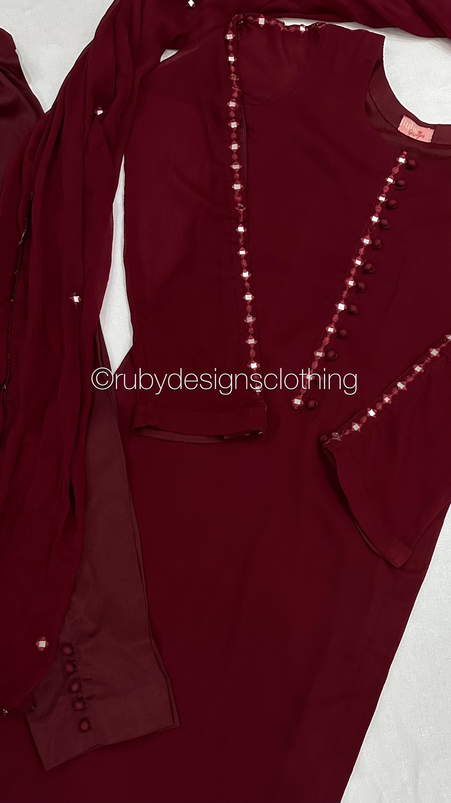 KAYRA Ruby - 3 Piece Ruby Chiffon Suit with Split Sleeve