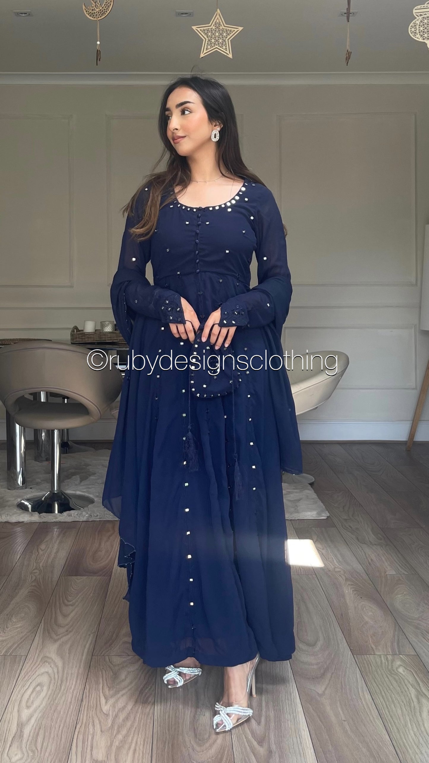 INAARA Navy - 4 Piece Chiffon Dress with Matching Bag (8085046788309)