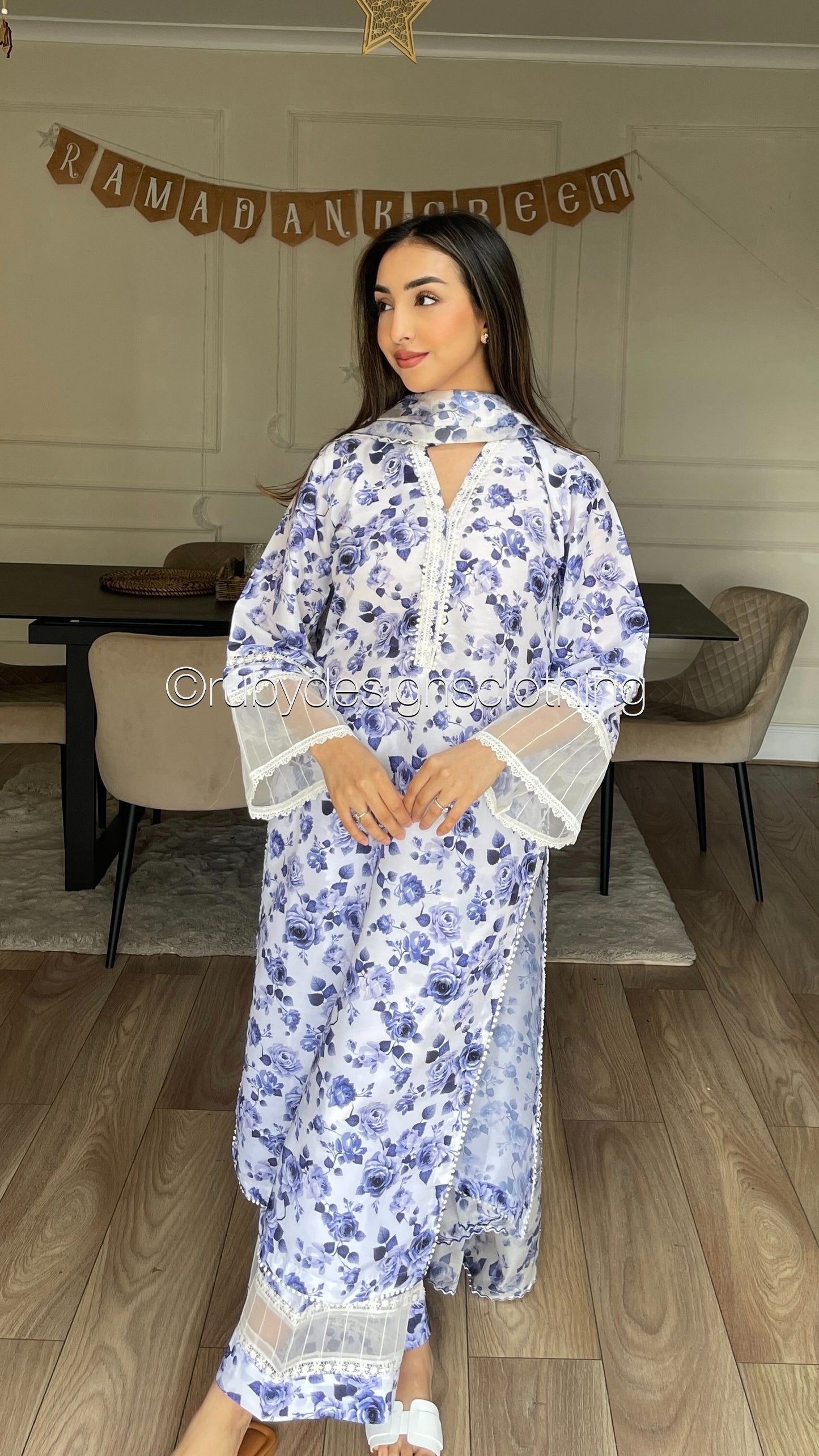 SUMAIYA- 3 Piece White and Blue Swiss Lawn Suit with Silk Dupatta (8352652525781)