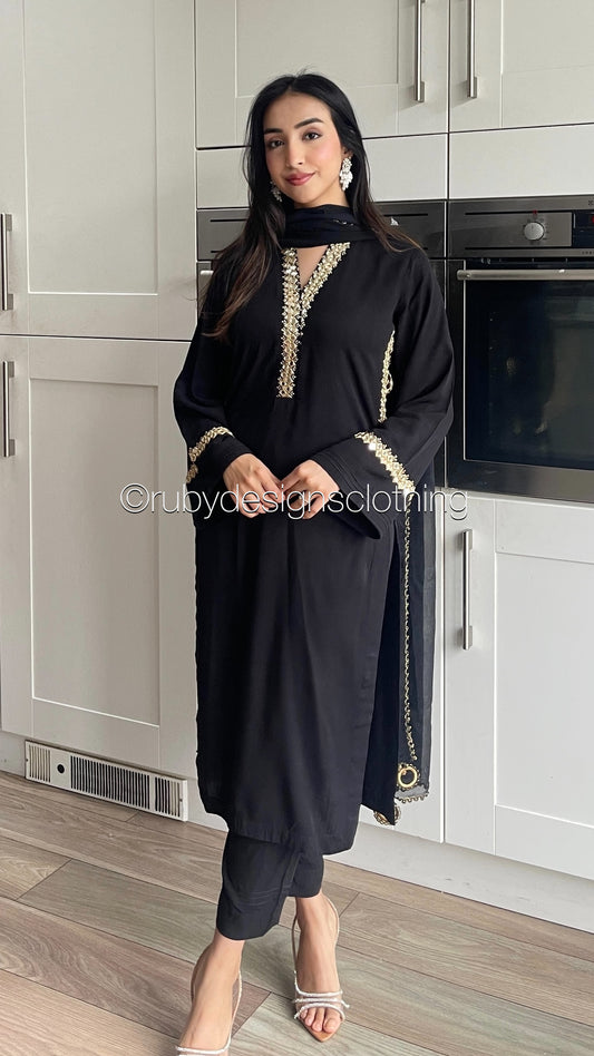 TARA Black - 3 Piece Linen Suit with Mirror Work (7934797643989)