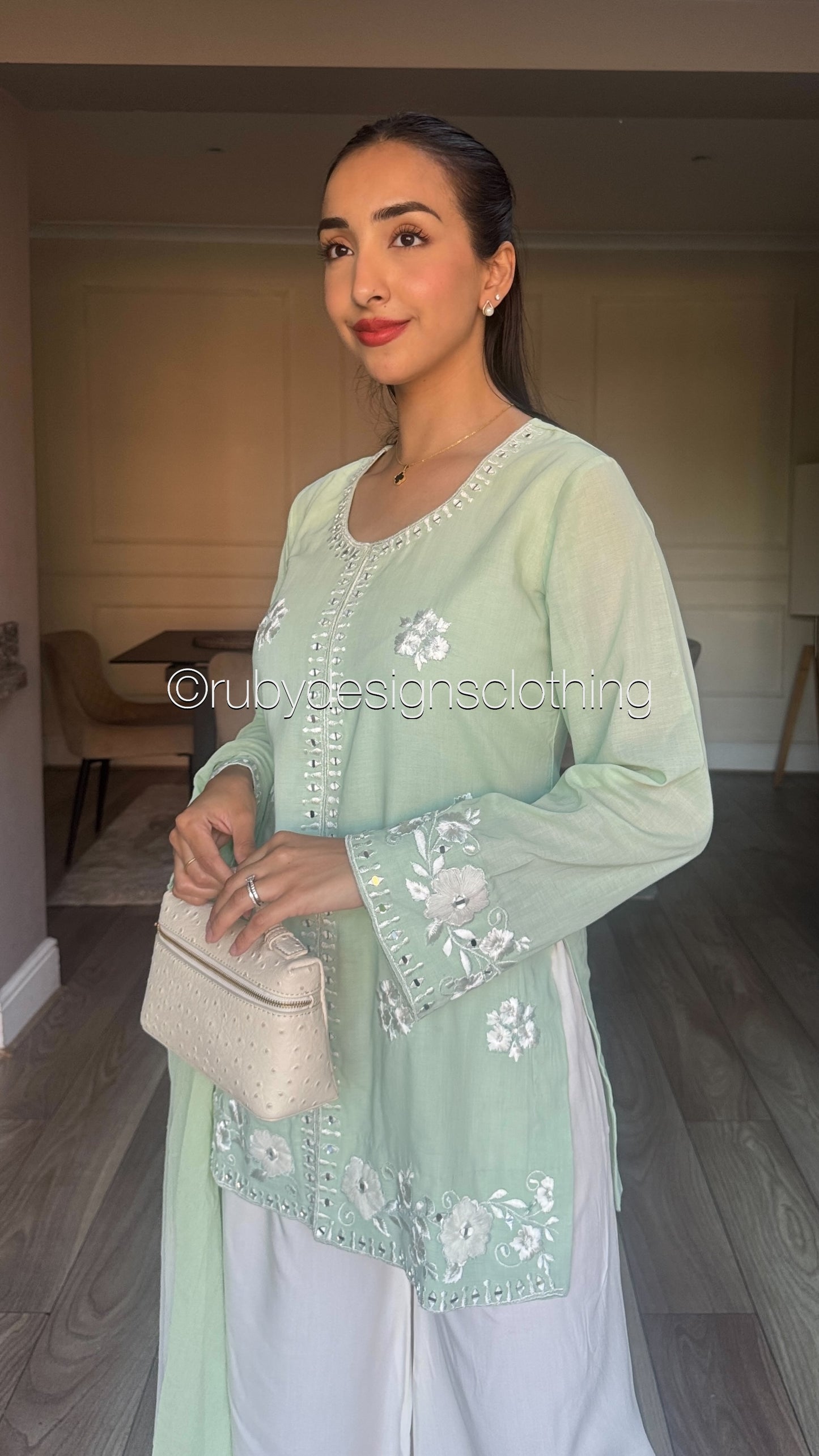 RAYA Mint - 3 Piece Swiss Lawn Suit with Flowy Wide-Leg Pants