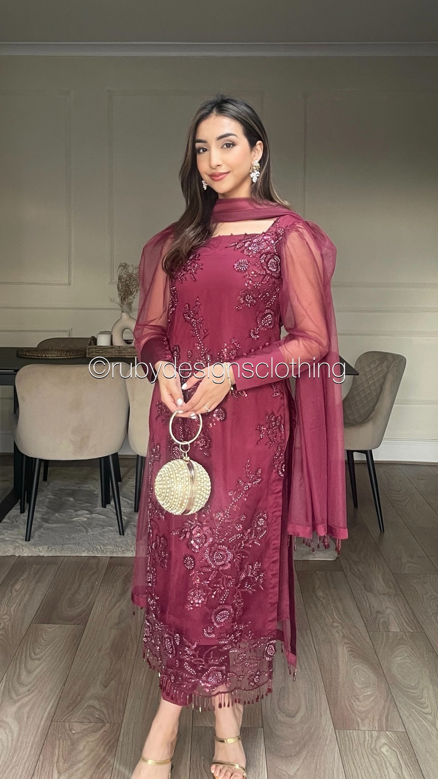 DINA - 3 Piece Deep Red Net Suit with Net Dupatta and Tassels (8301864255701)