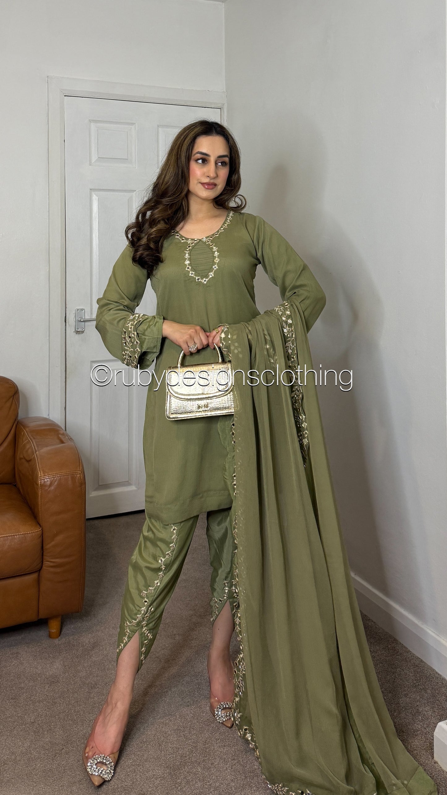 AQSA Olive - 3 Piece Chiffon Suit with Tulip Trouser