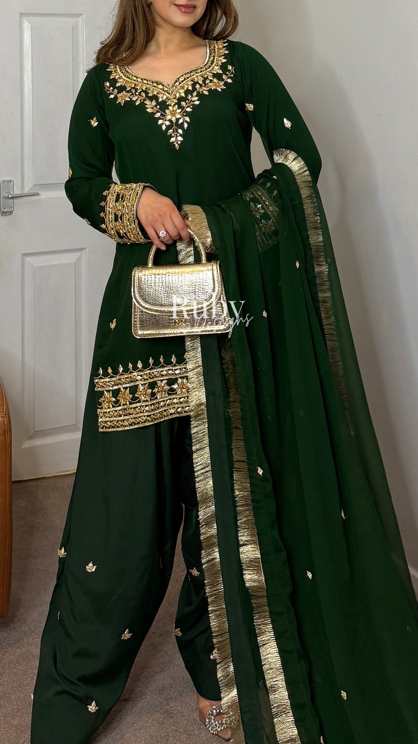 SAJAL Emerald - 3 Piece Chiffon Suit with Farshi Shalwar and Gota Handwork