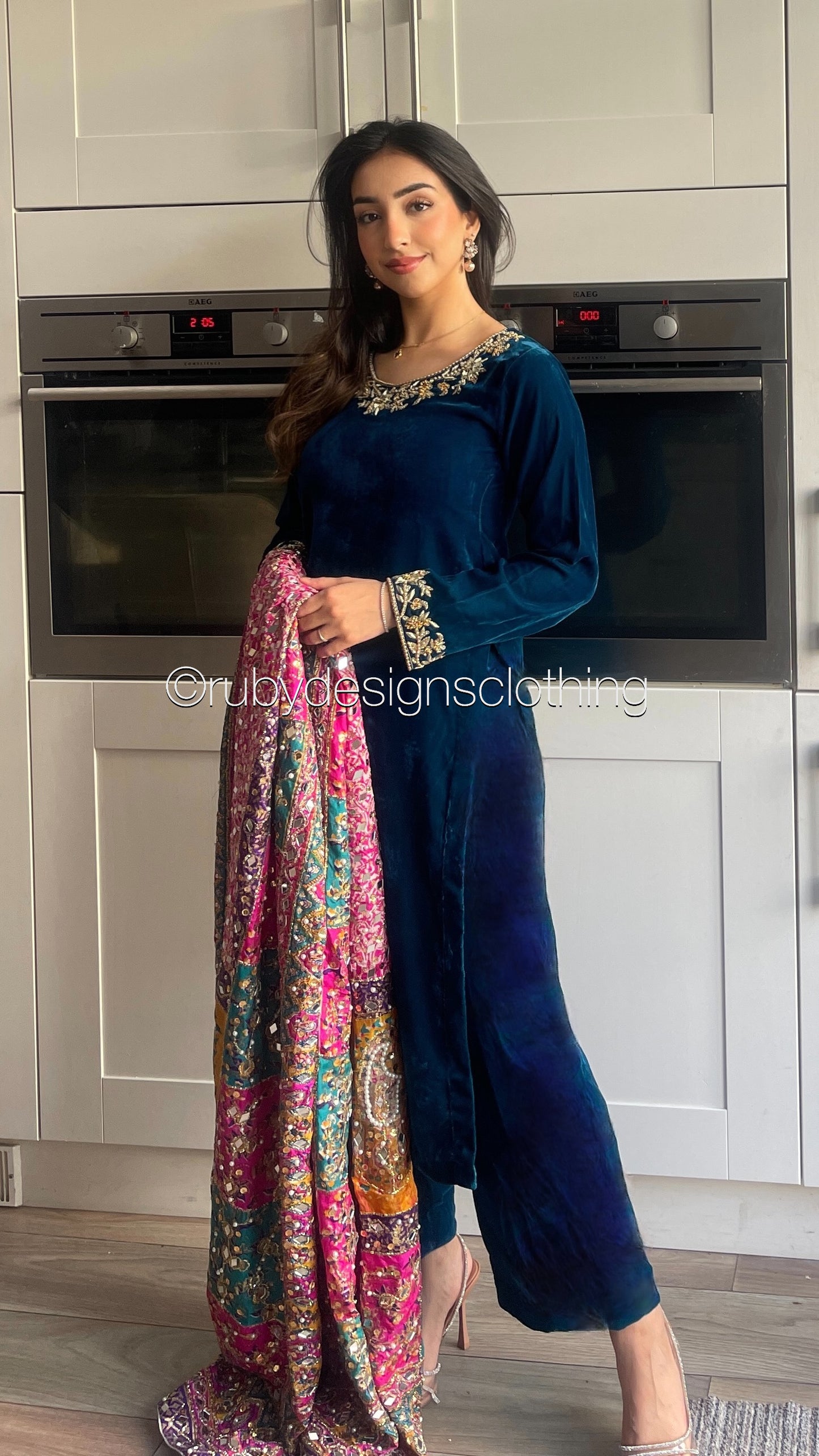 NADIRA - 3 Piece Luxury Velvet Suit with Heavy Mirror Shawl (8250171031765)