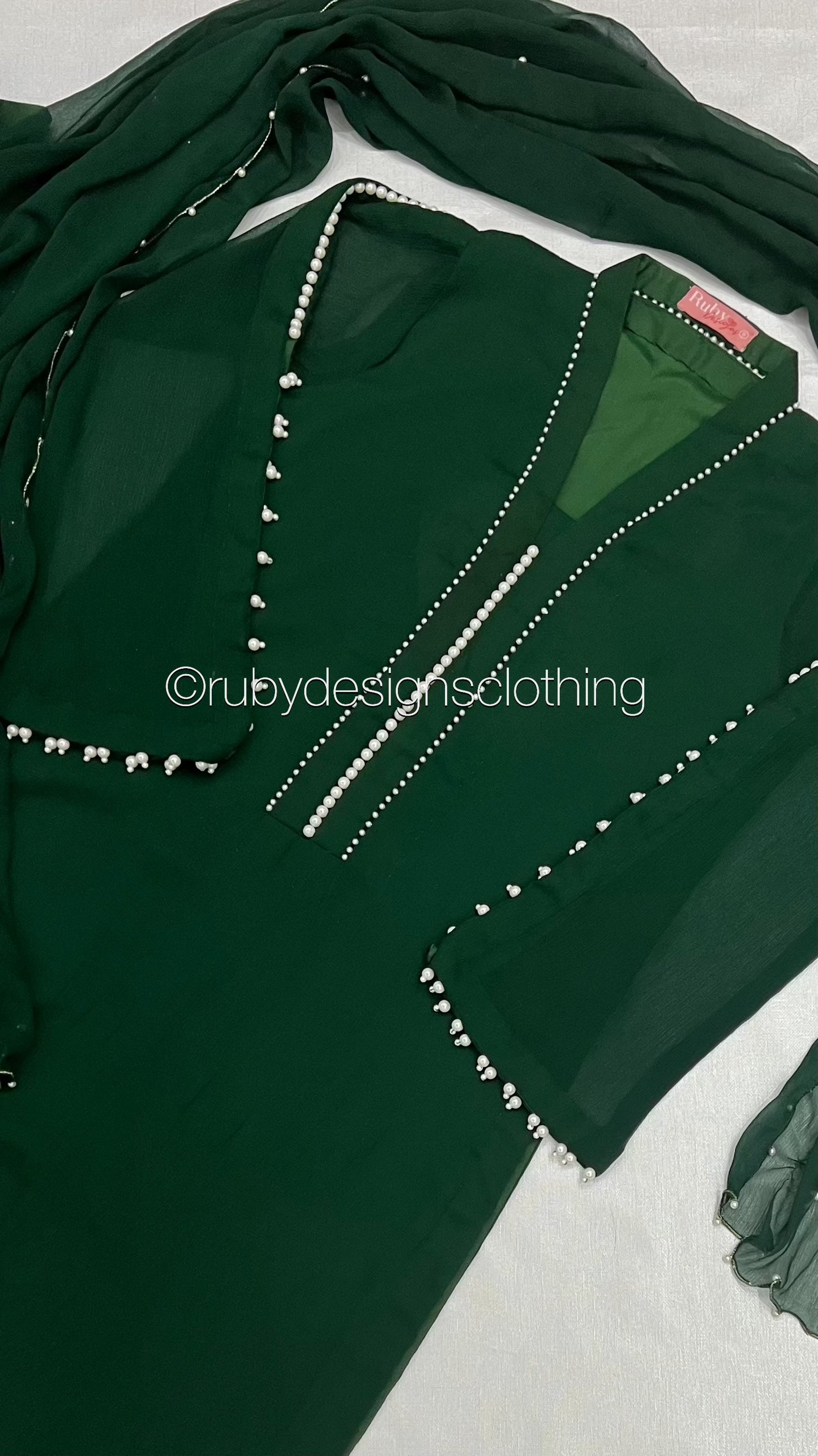 DUA Emerald - 3 Piece Emerald Chiffon Suit with Chiffon Dupatta and Pearls (8306848301269)