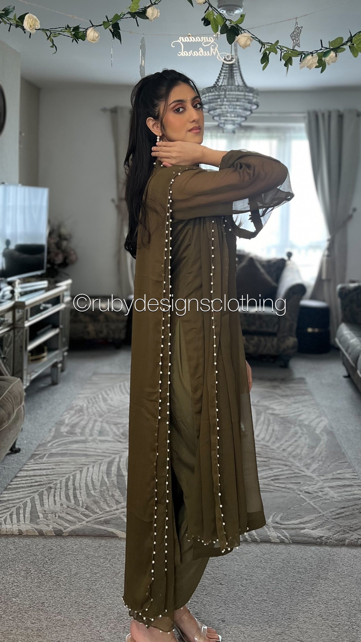 ARIA Henna (Eid Exclusive Limited Edition) - 3 Piece Khaki Brown Chiffon Suit with Chiffon Dupatta (8371703546069)
