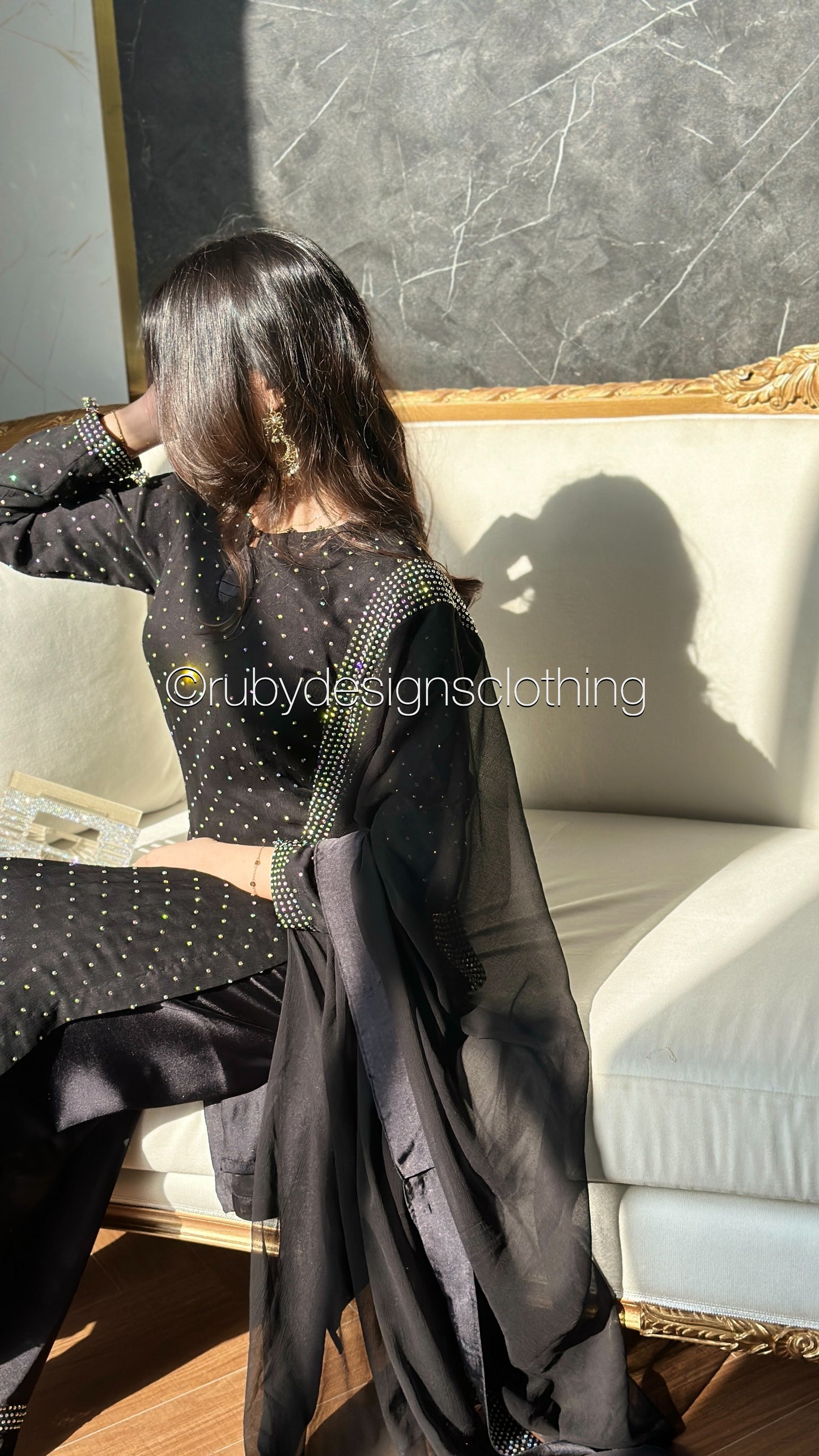 MISSING ITEM (TROUSER and SCARF) - LEENA Noir - 3 Piece Chiffon Suit with Stonework